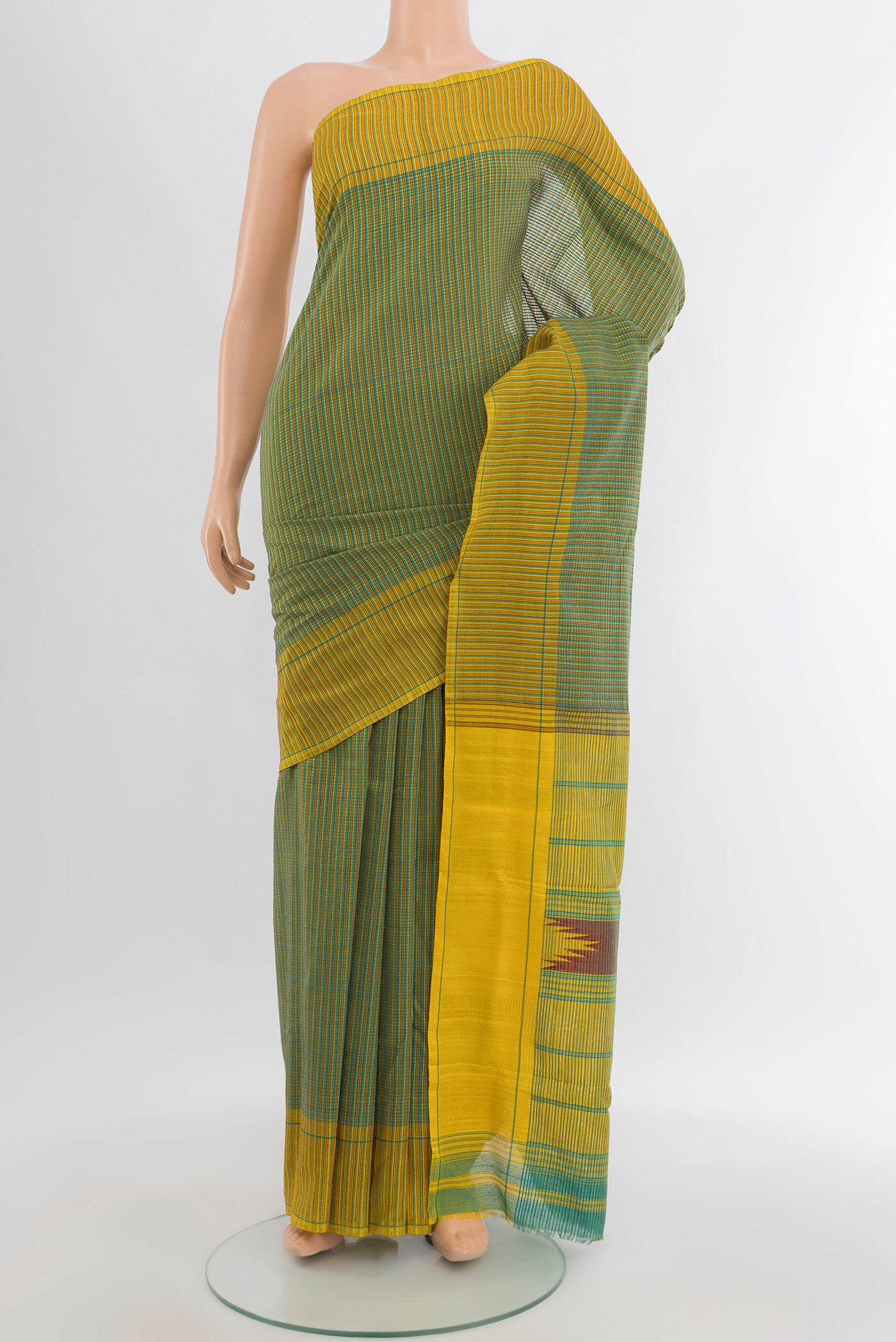 Green Art Silk Saree with Checked design on the body and Checks Border.  displayed on a mannequin