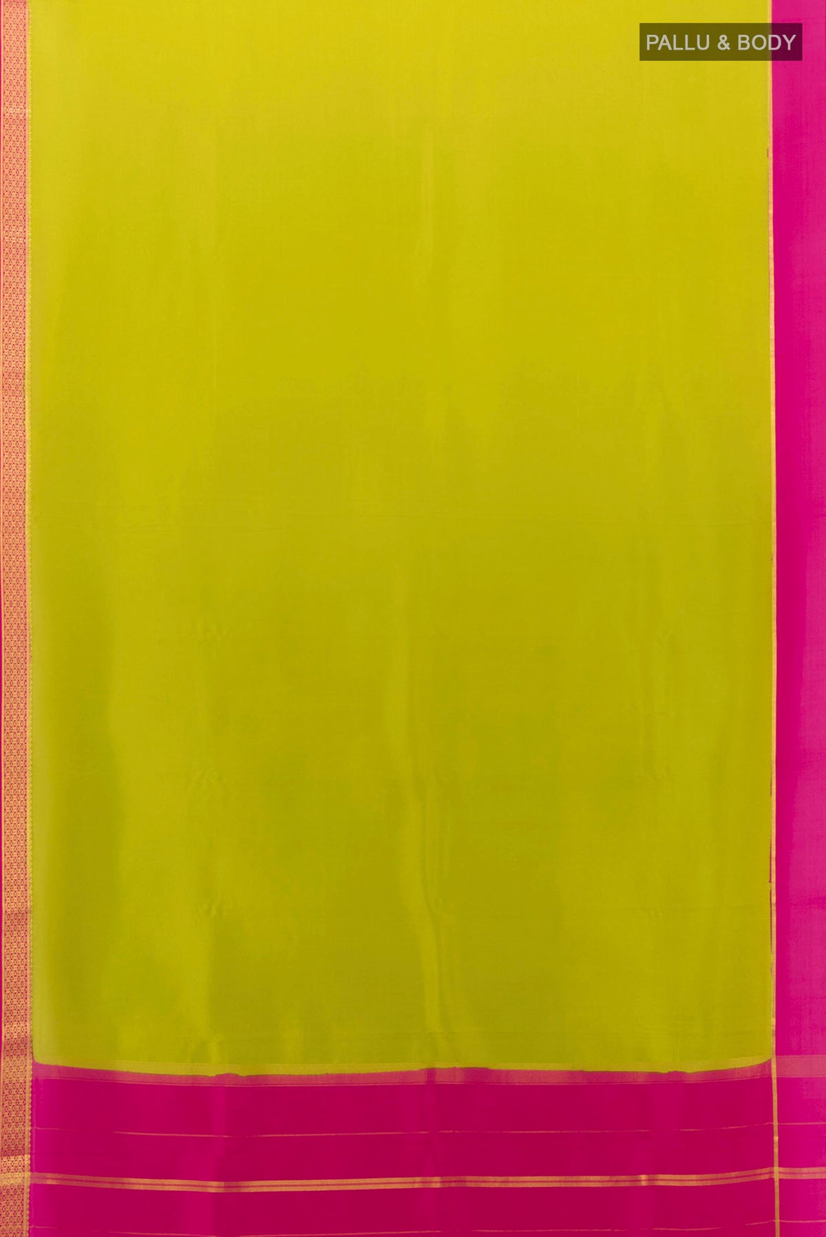 Flat view of Parrot Green Mysore Crepe Saree with Zari Butta on the body and Silk Border