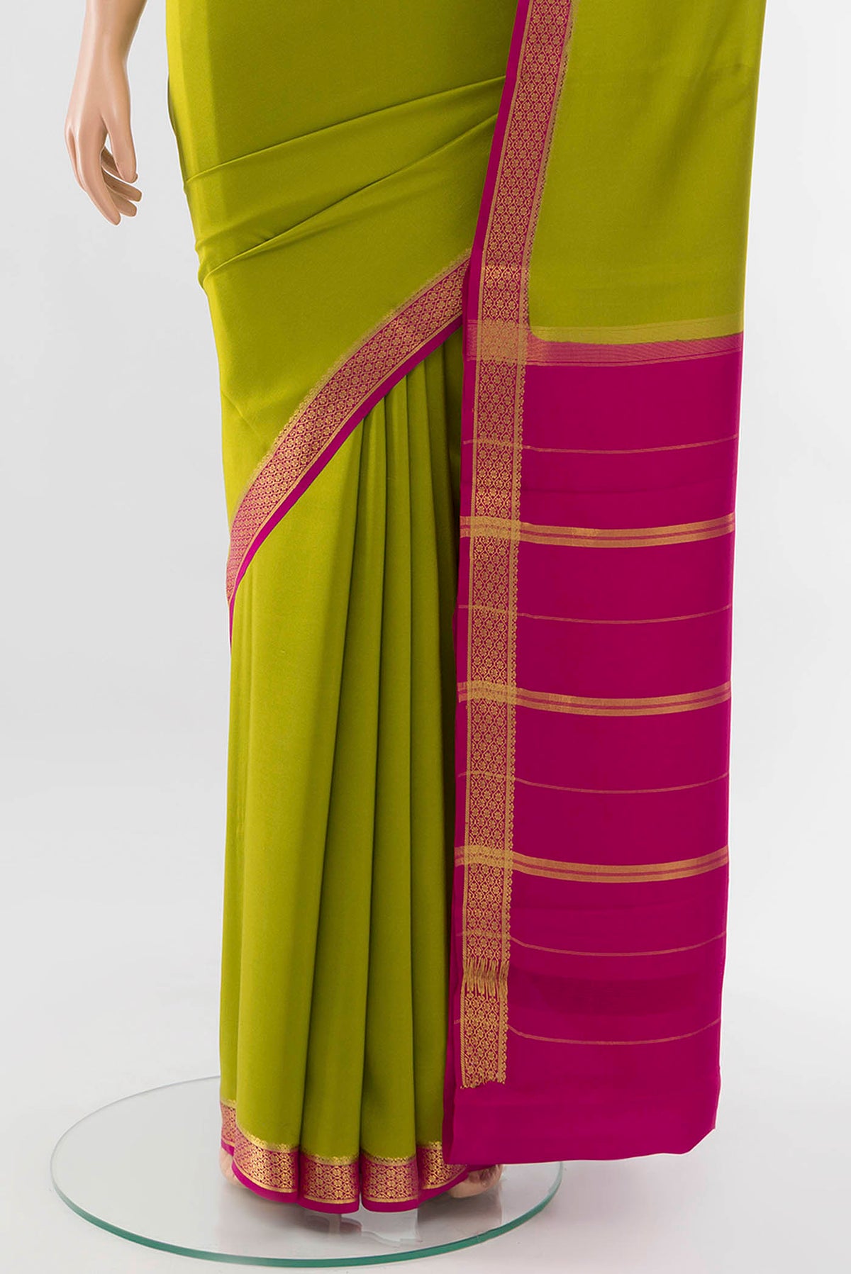 Pleats and pallu of Parrot Green Mysore Crepe Saree with Zari Butta on the body and Silk Border