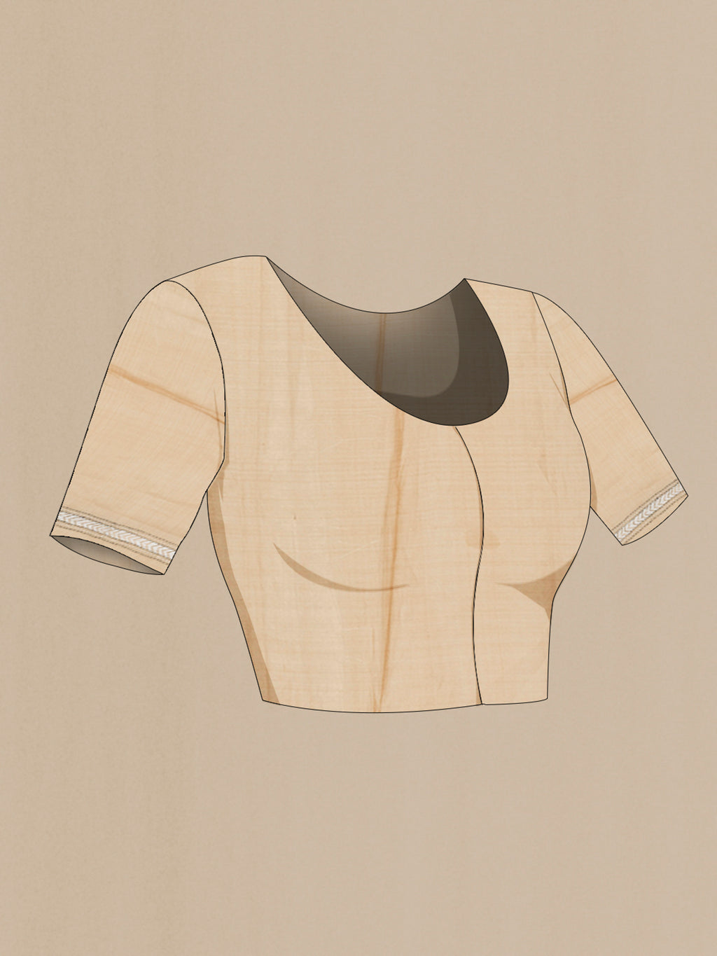 Close up image of the blouse of Beige Tussar Silk Saree with Plain Body and Embroidery Border. 