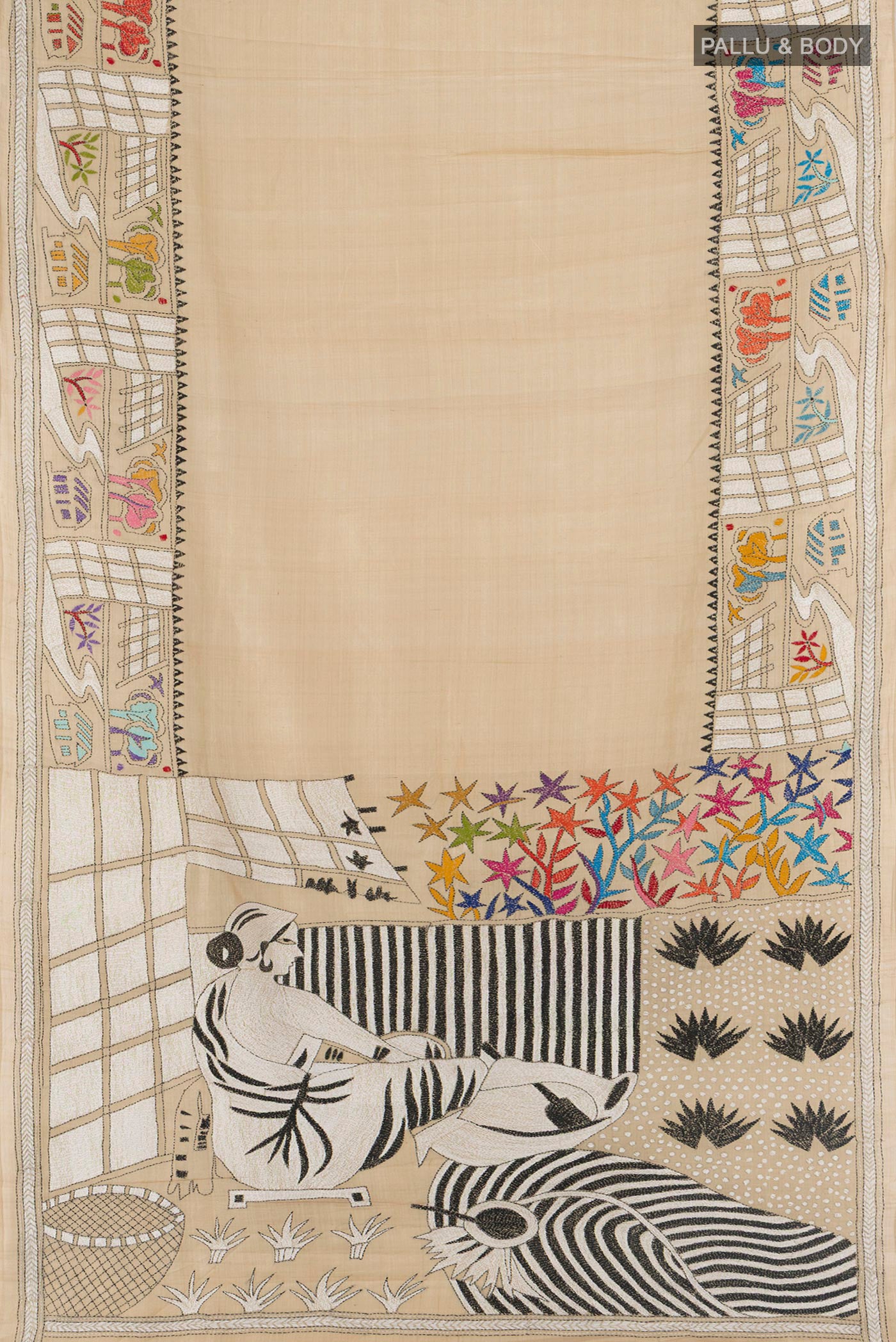 Flat view of Beige Tussar Silk Saree with Plain Body and Embroidery Border. 