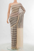 Cream Maheshwari Silk Cotton Saree with Floral Print on the body and Silk Border displayed on a mannequin