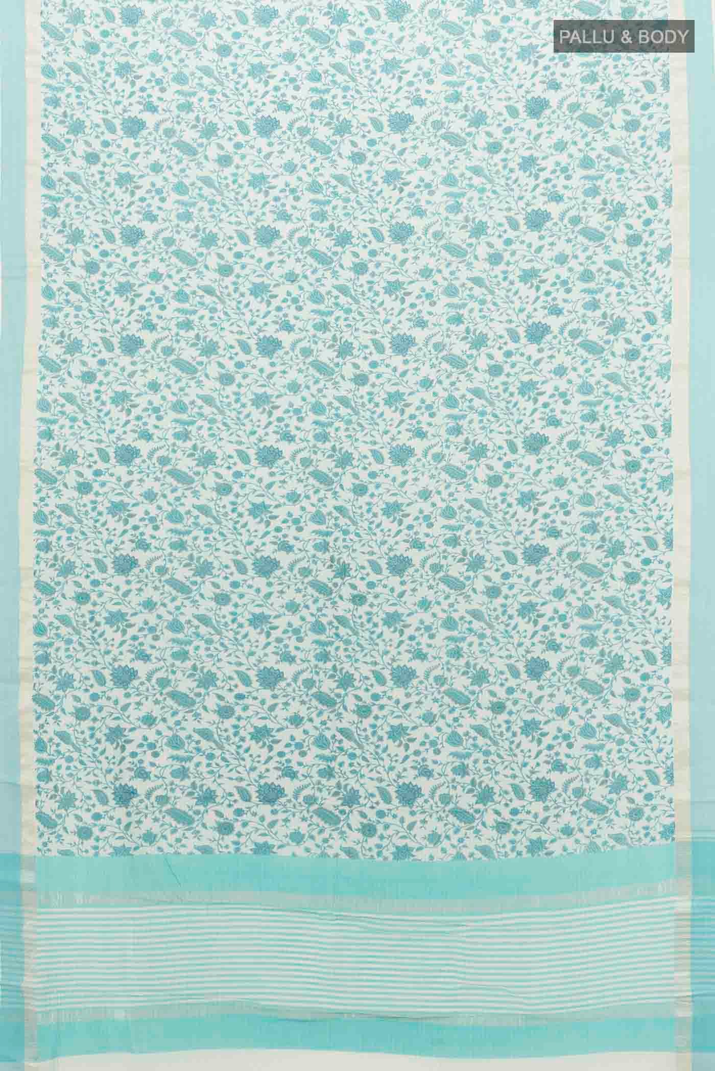 Flat view of Sky Blue Maheshwari Silk Cotton Saree with Floral Print on the body and Silk Border