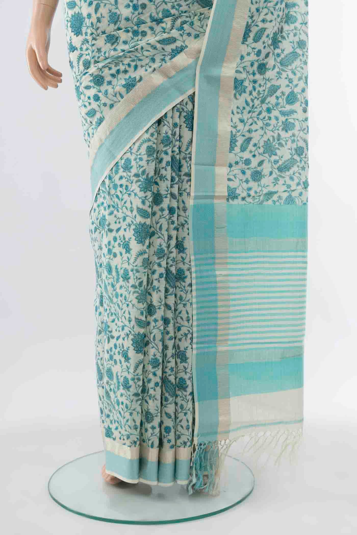 Pleats and pallu of Sky Blue Maheshwari Silk Cotton Saree with Floral Print on the body and Silk Border