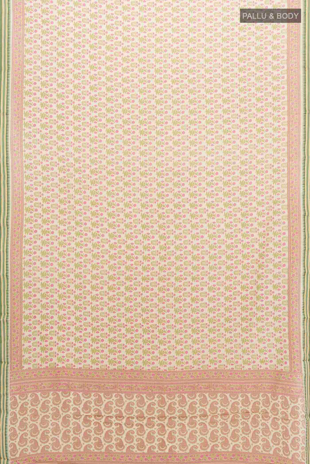 Flat view of Light Green Tussar Silk Saree with Floral Print on the body and Silk Border