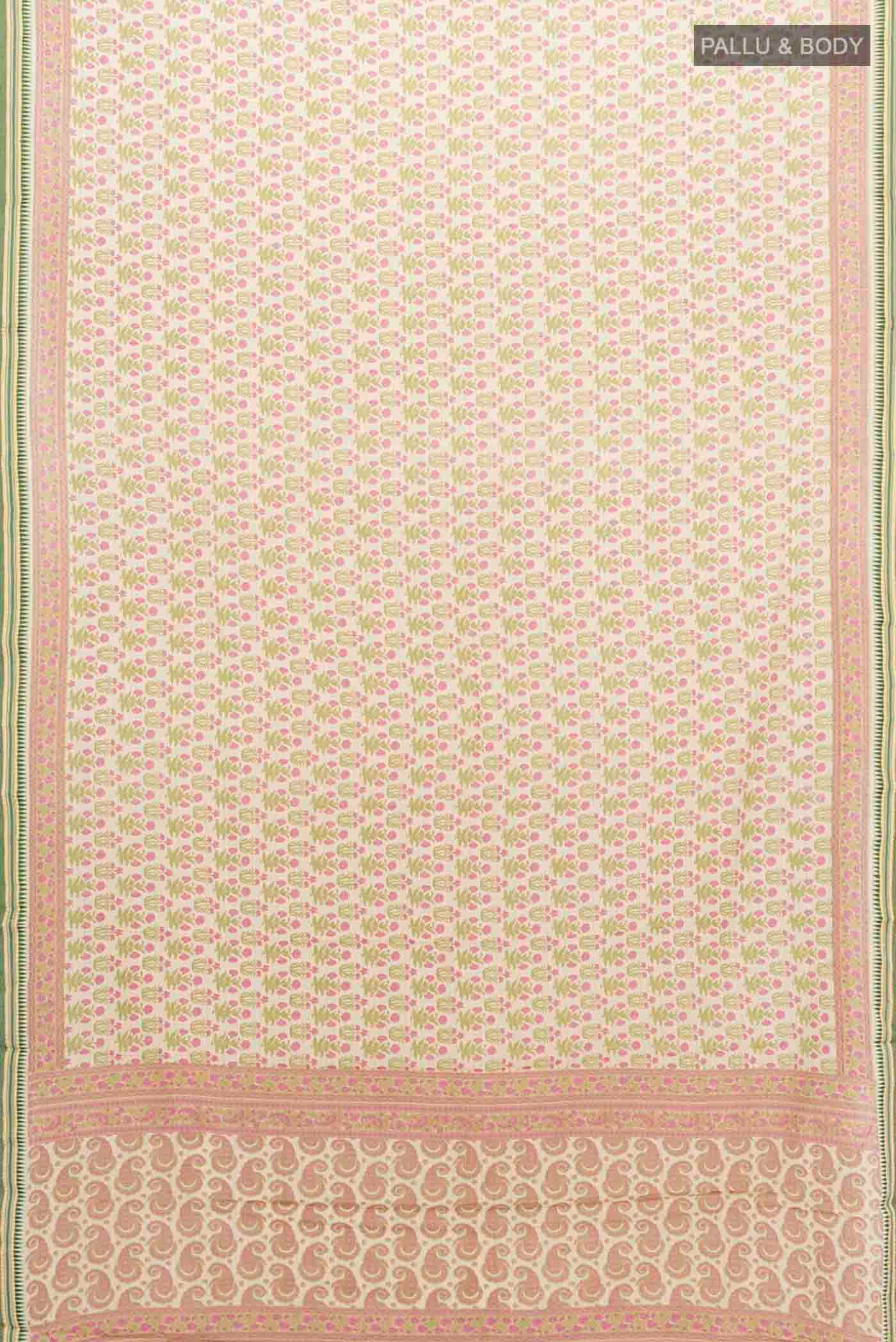 Flat view of Light Green Tussar Silk Saree with Floral Print on the body and Silk Border