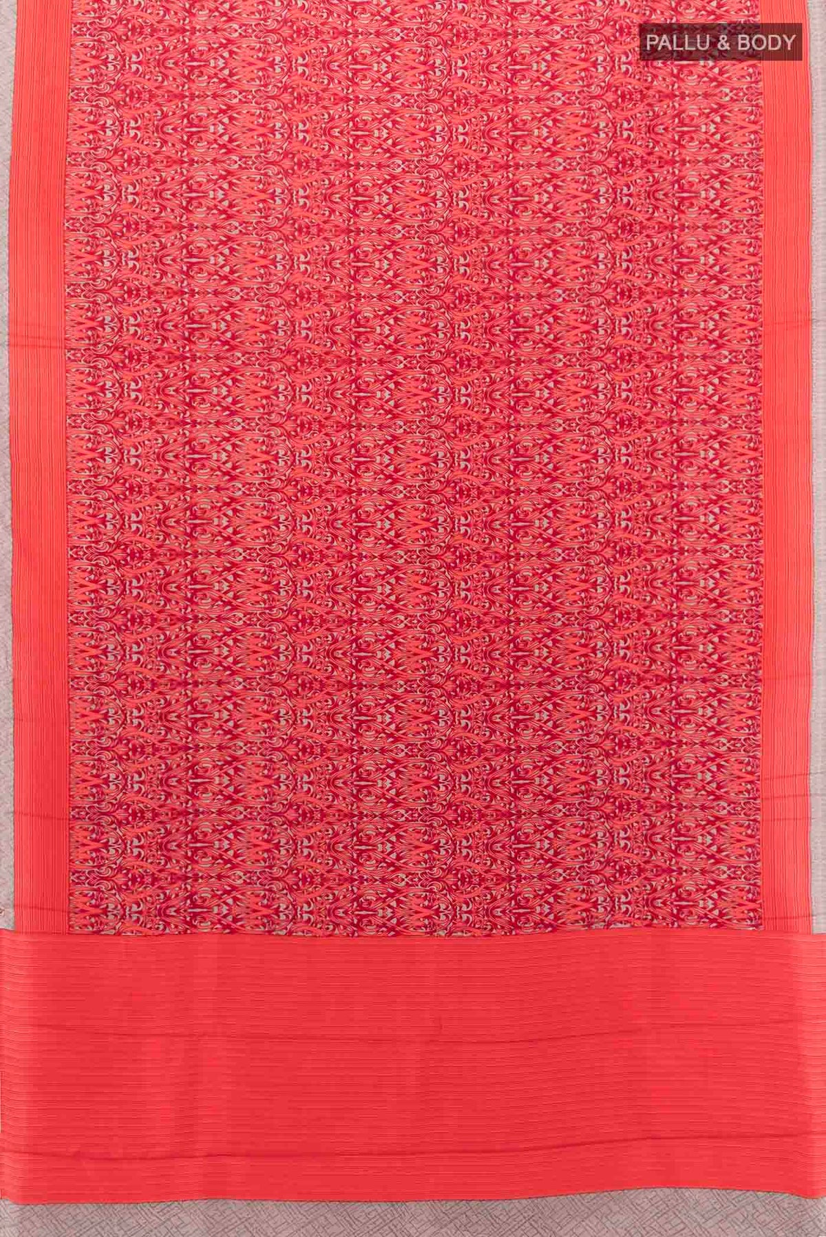 Flat view of Red Printed Silk Saree with Floral Print on the body and Silk Border