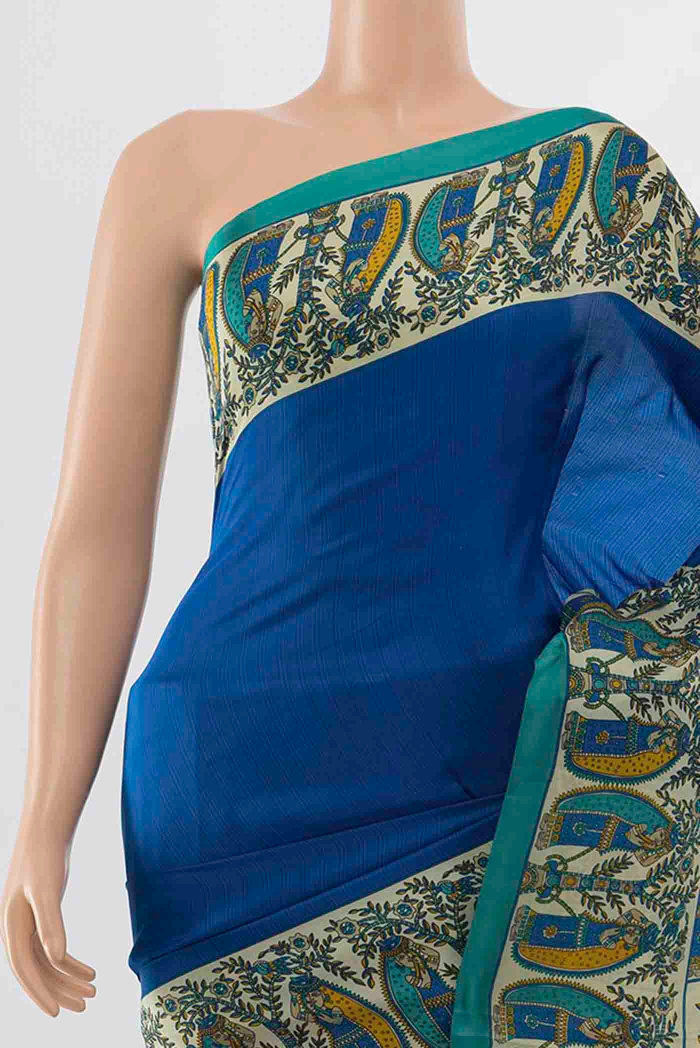 Border image of Blue Printed Silk Saree with Floral Print on the body and Silk Border