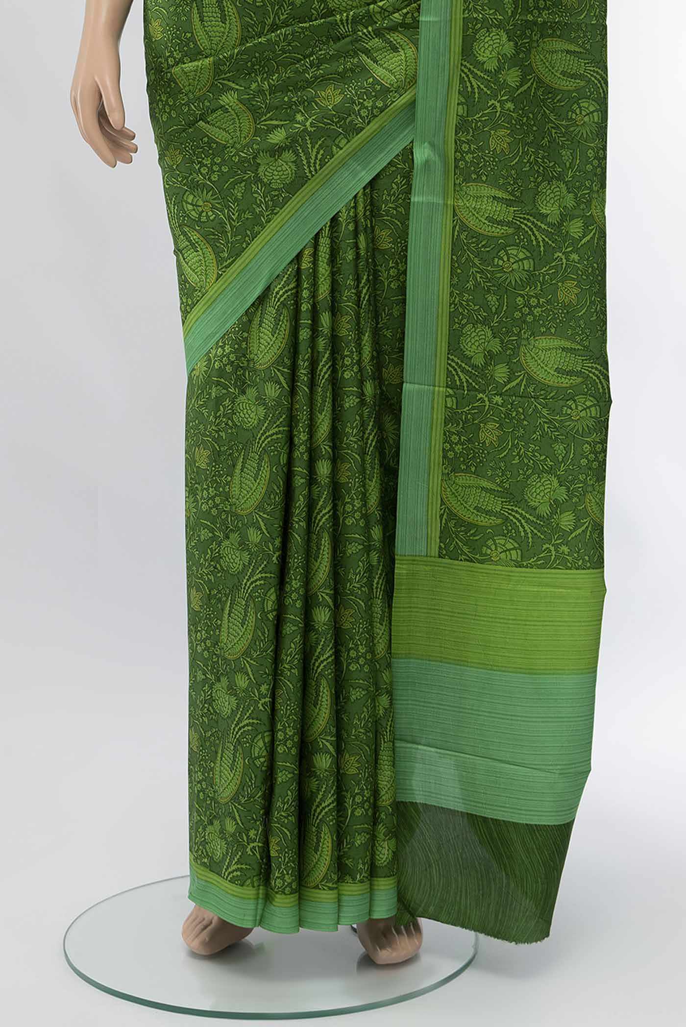 Pleats and pallu of Light Green Printed Silk Saree with Floral Print on the body and Silk Border