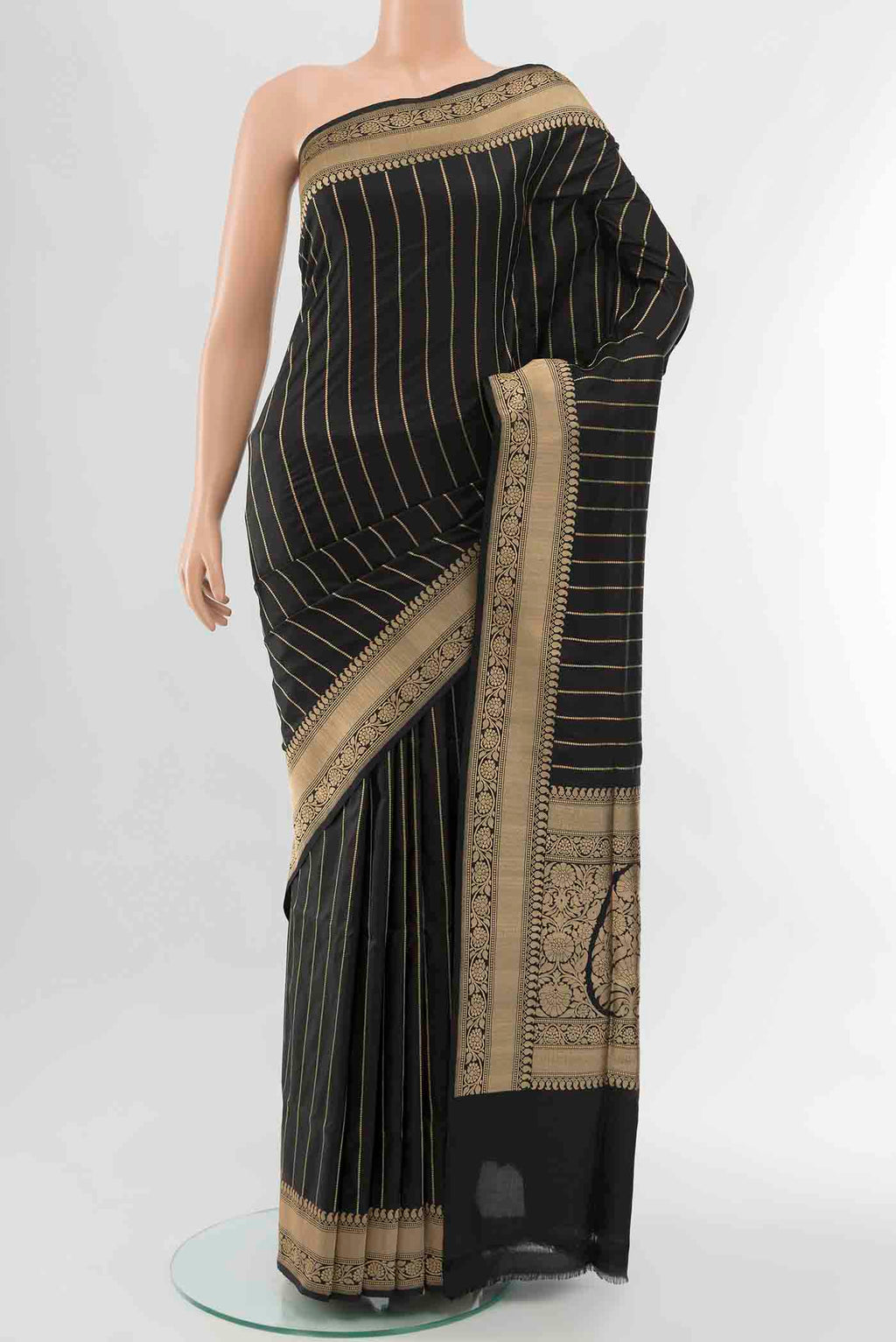 Black Banarasi Silk Saree with Zari Butta on the body and Silk Border displayed on a mannequin