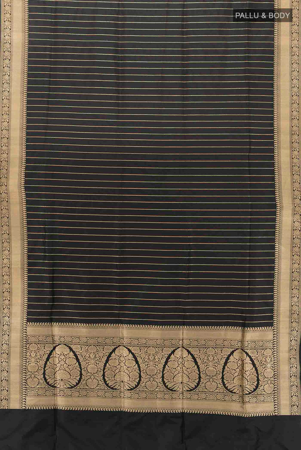 Flat view of Black Banarasi Silk Saree with Zari Butta on the body and Silk Border