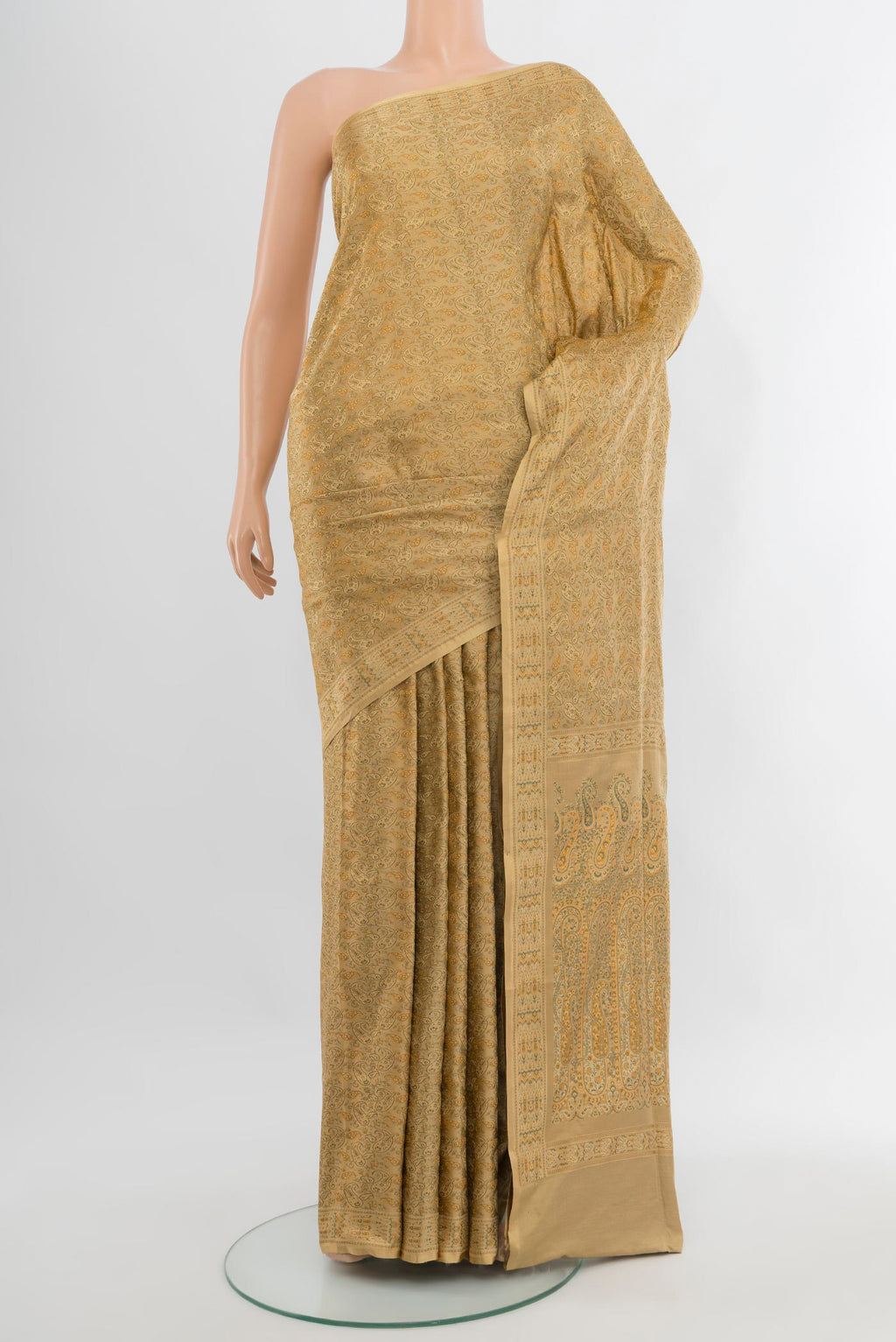Sandal Banarasi Tanchoi Silk Saree with Jacquard design on the body and Thread Border.  displayed on a mannequin