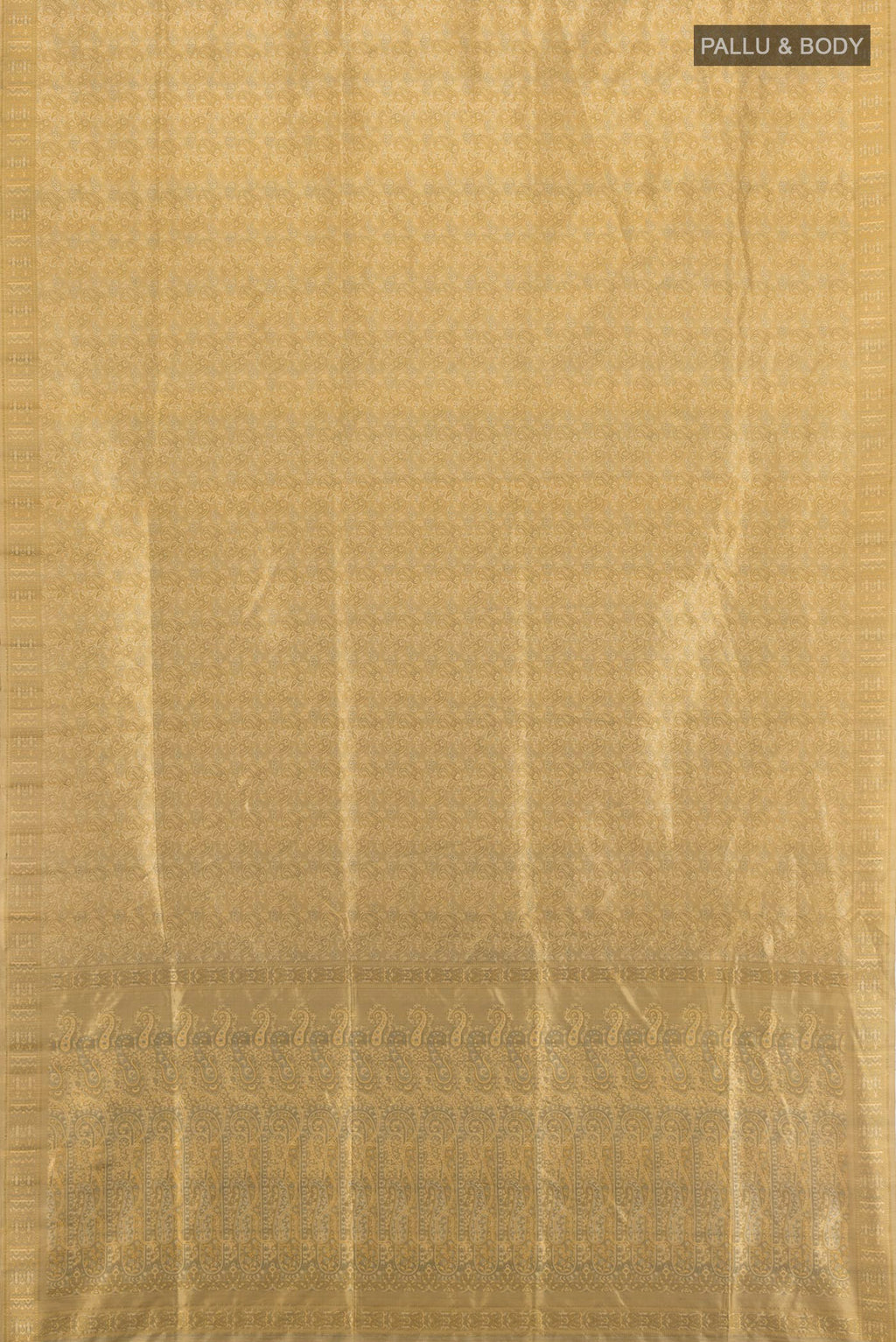 Flat view of Sandal Banarasi Tanchoi Silk Saree with Jacquard design on the body and Thread Border. 