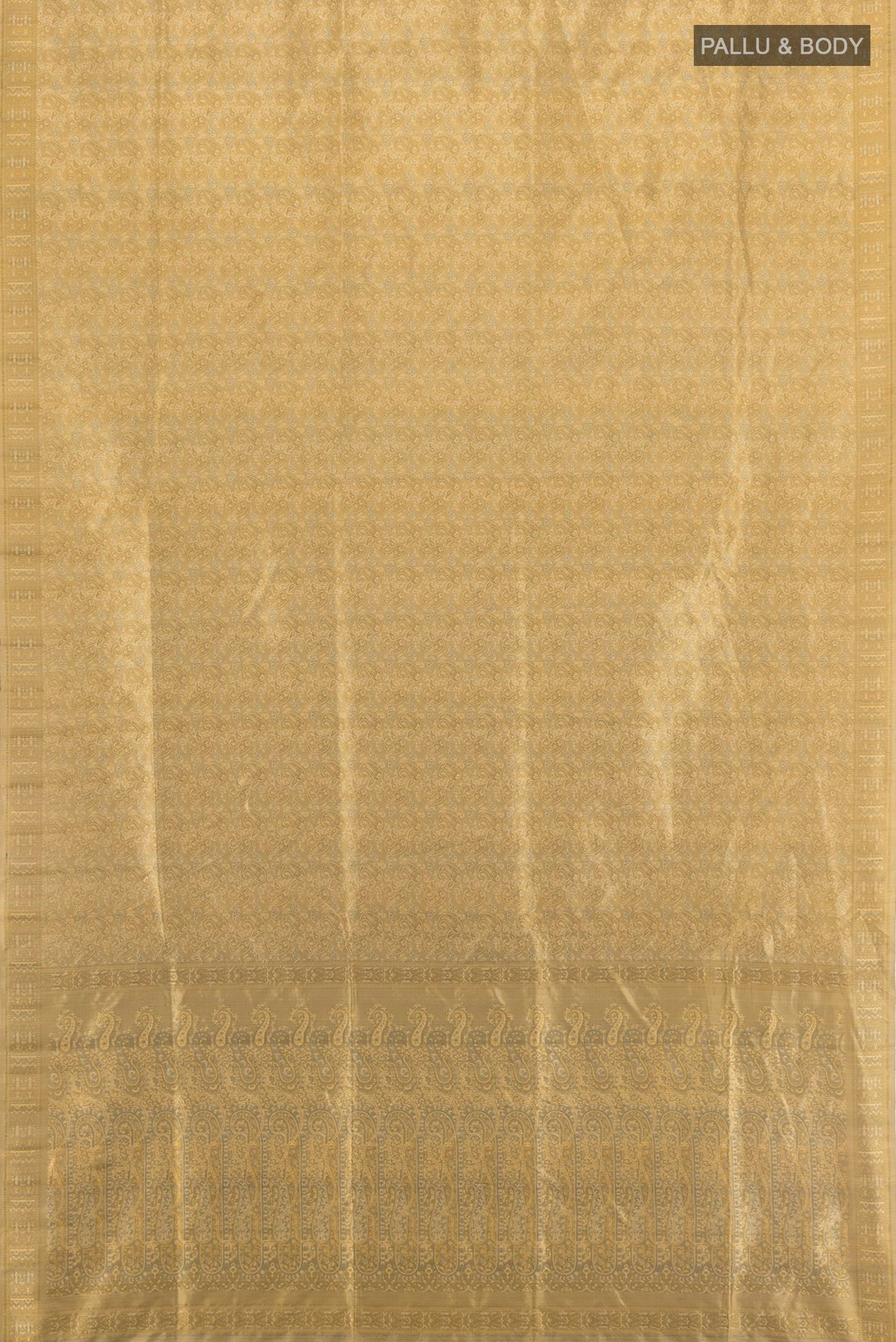 Flat view of Sandal Banarasi Tanchoi Silk Saree with Jacquard design on the body and Thread Border. 
