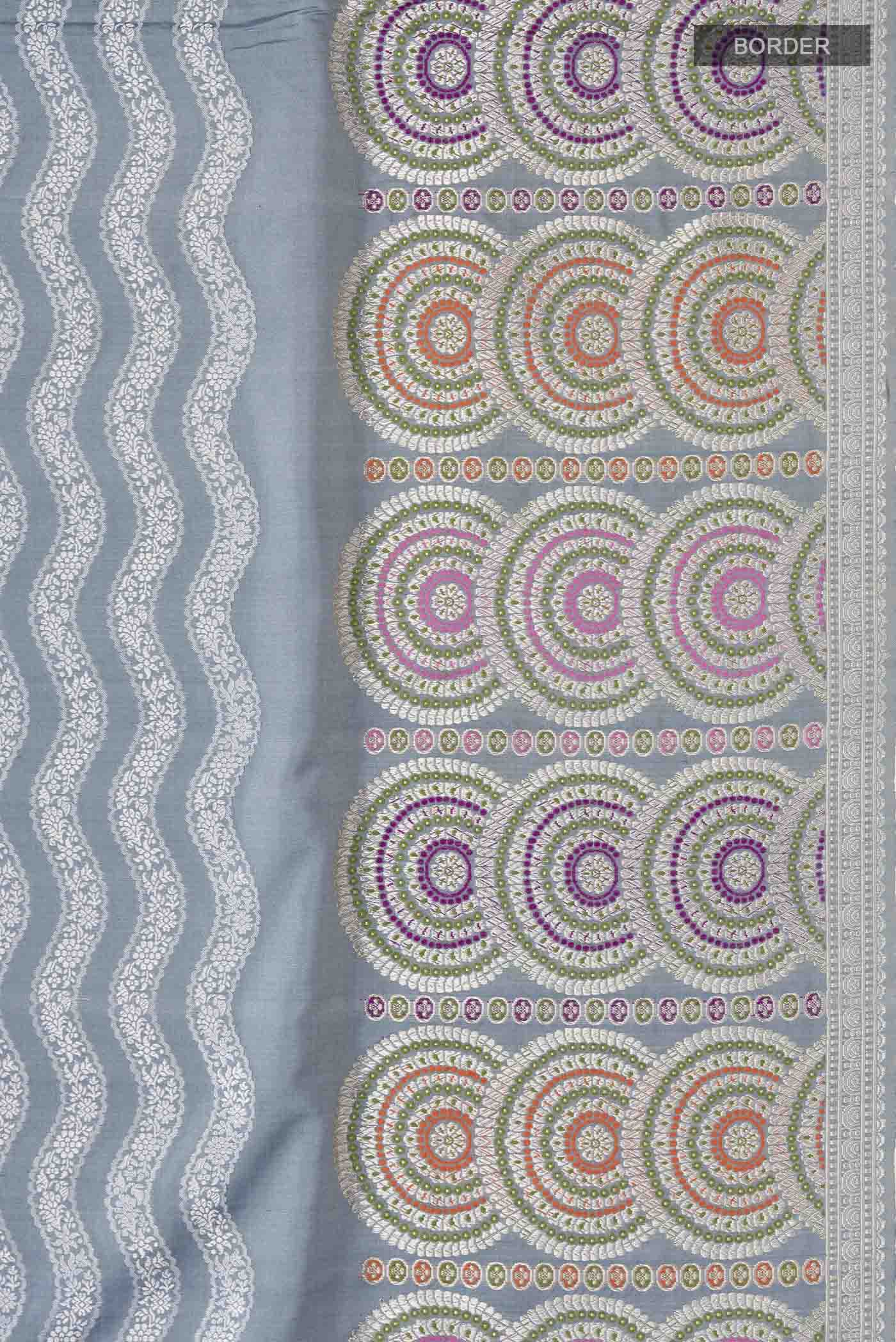 Border image of Grey Banarasi Silk Saree with Plain Body and Zari Border