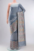 Grey Banarasi Silk Saree with Plain Body and Zari Border displayed on a mannequin