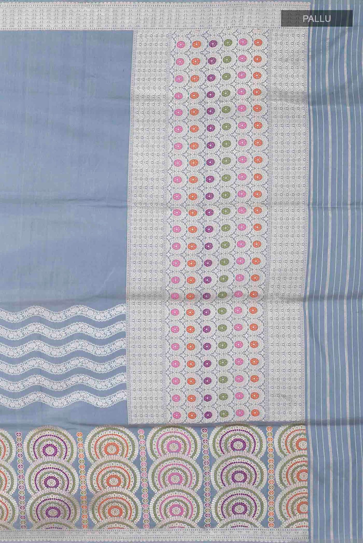 Close up image of the pallu of Grey Banarasi Silk Saree with Plain Body and Zari Border