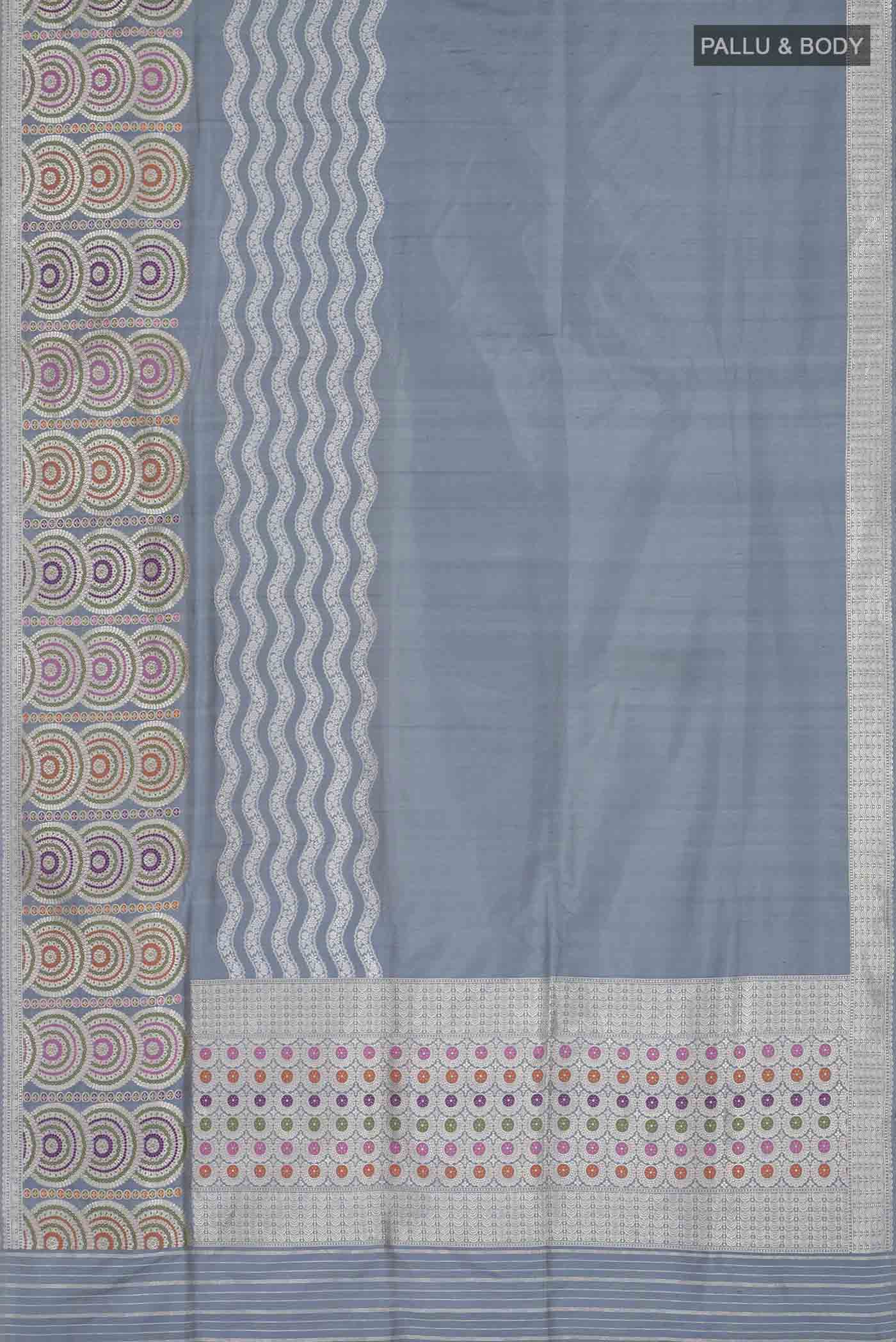 Flat view of Grey Banarasi Silk Saree with Plain Body and Zari Border