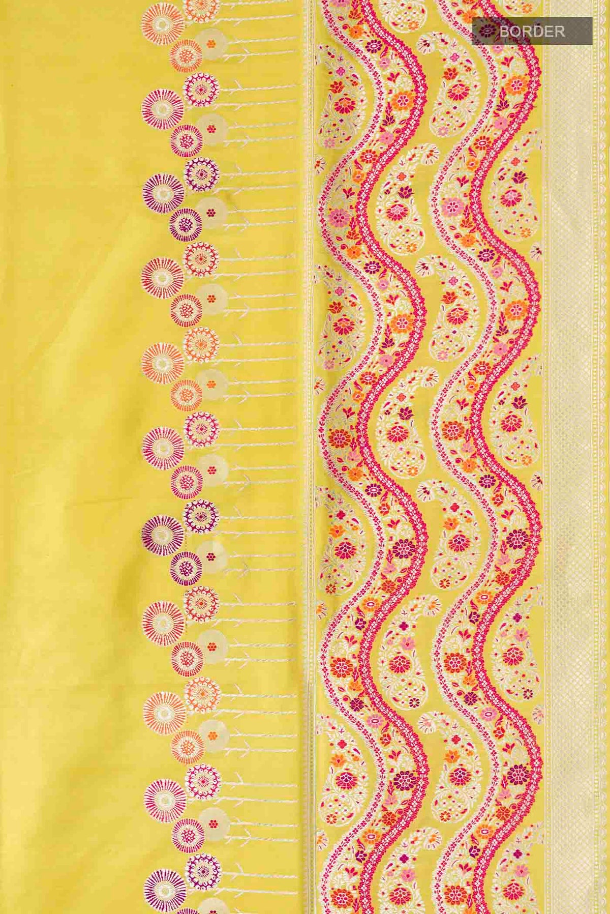 Border image of Yellow Banarasi Silk Saree with Plain Body and Zari Border
