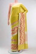 Yellow Banarasi Silk Saree with Plain Body and Zari Border displayed on a mannequin