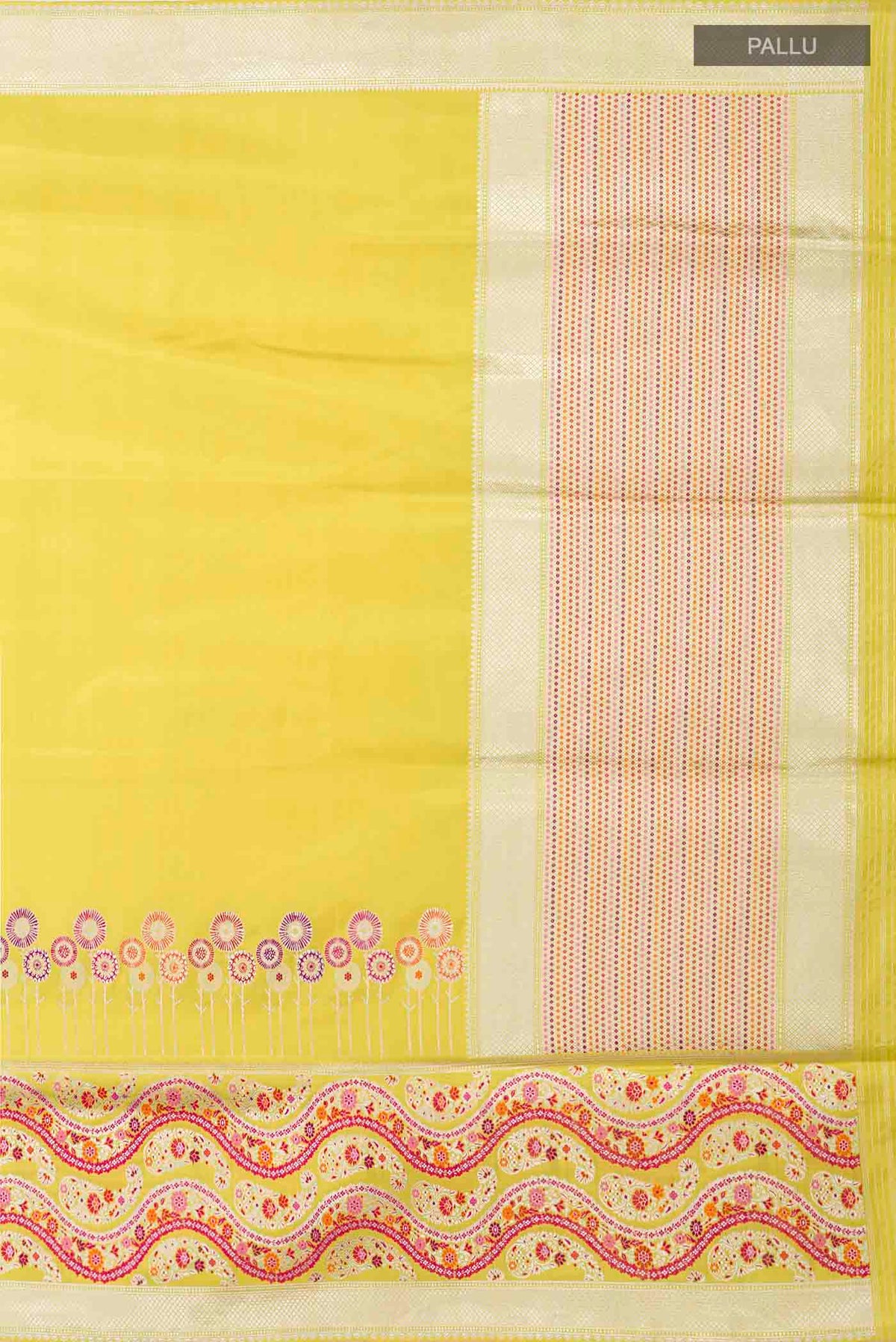 Close up image of the pallu of Yellow Banarasi Silk Saree with Plain Body and Zari Border
