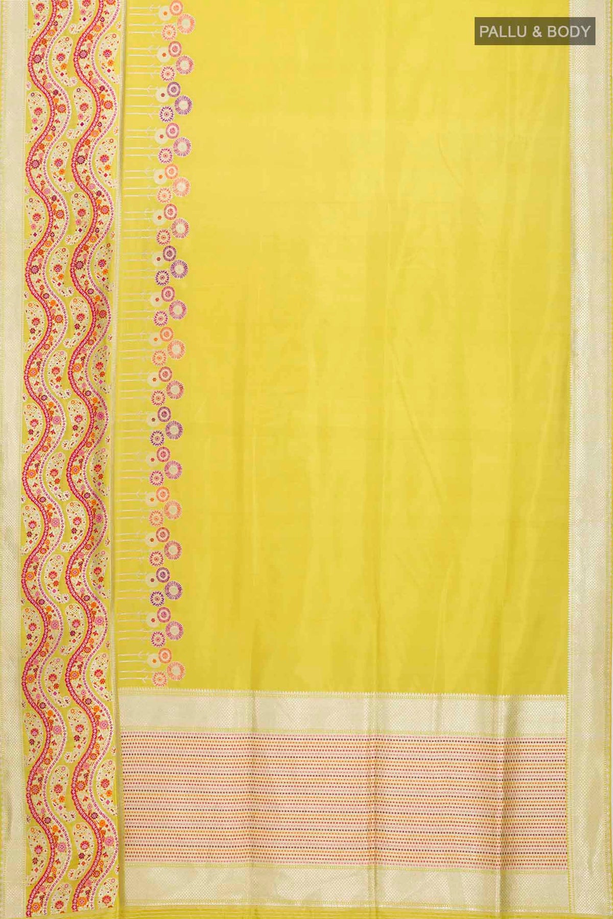 Flat view of Yellow Banarasi Silk Saree with Plain Body and Zari Border