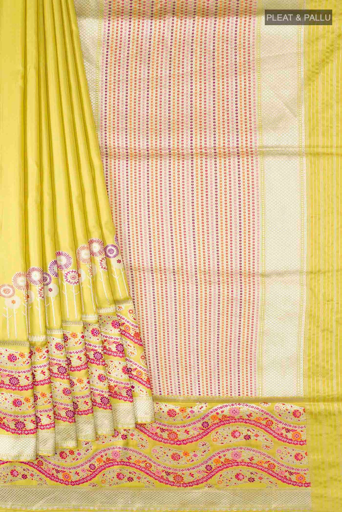 Pleats and pallu of Yellow Banarasi Silk Saree with Plain Body and Zari Border