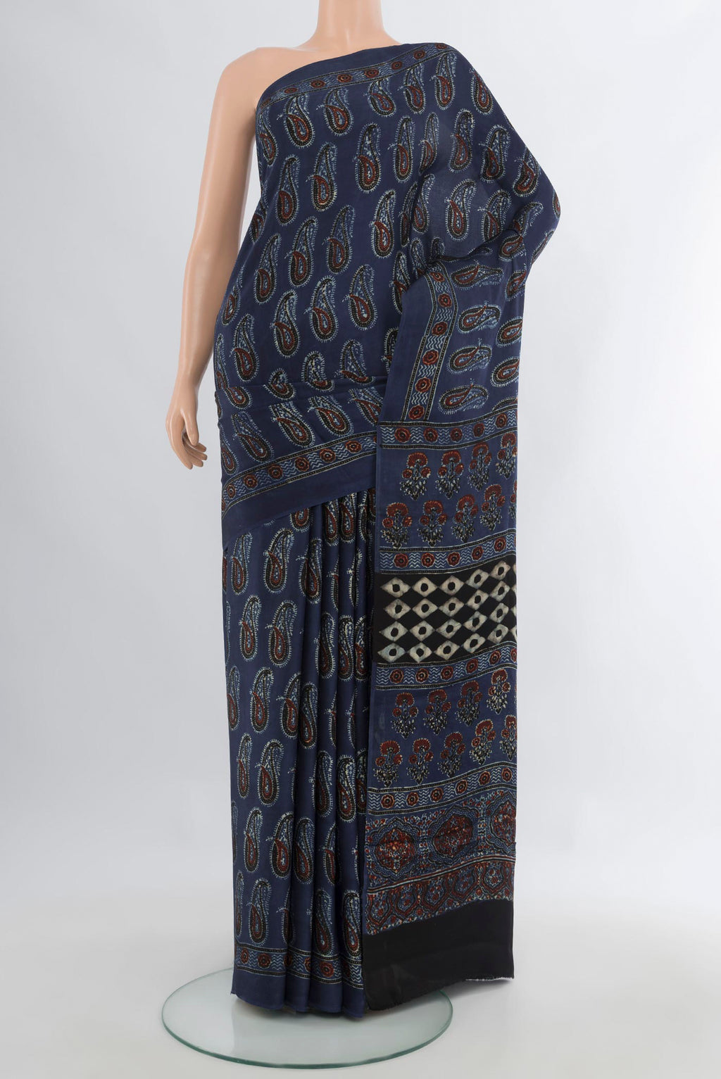 Blue Blended Satin Silk Saree with Ajrakh Print on the body and Printed Border.  displayed on a mannequin