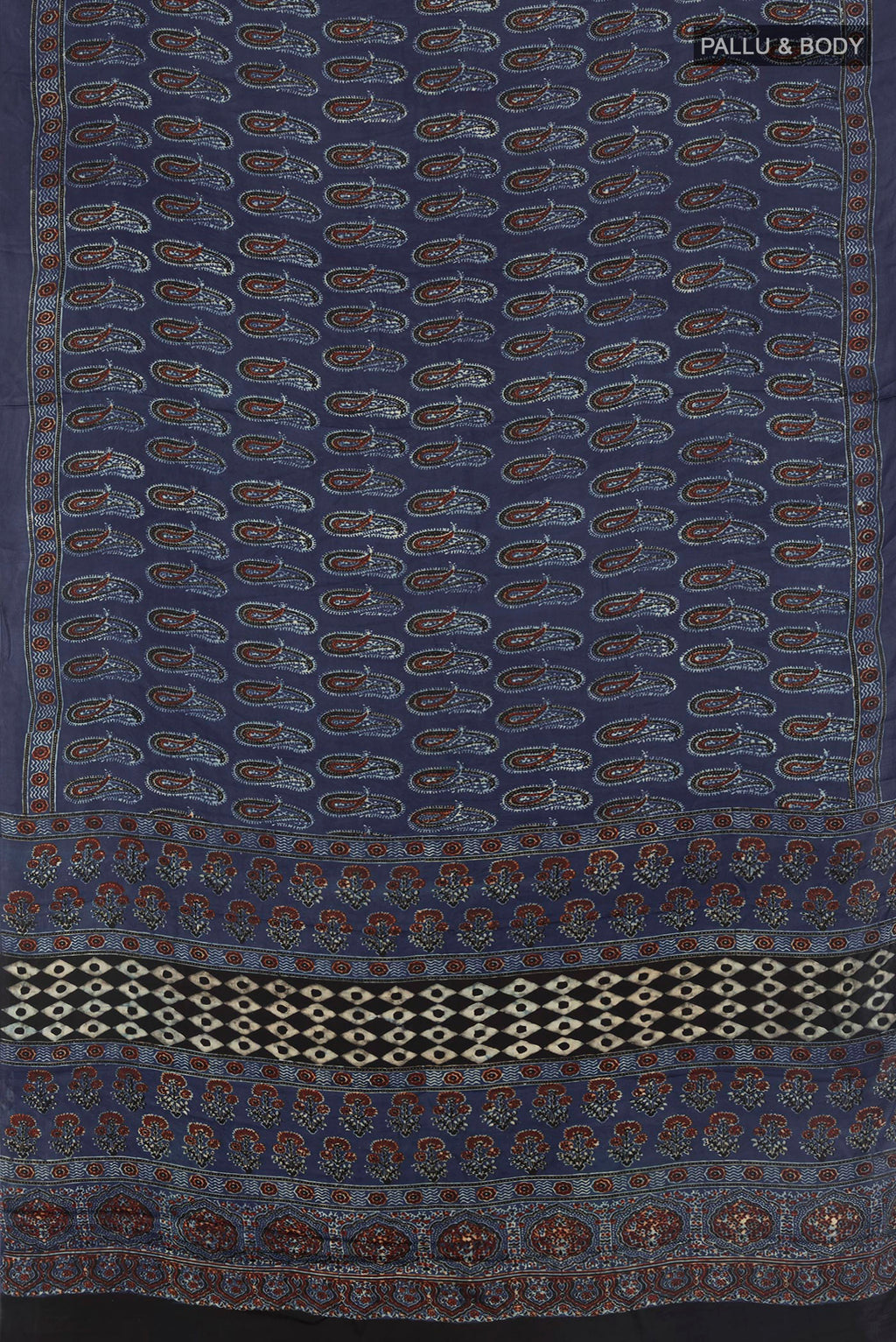 Flat view of Blue Blended Satin Silk Saree with Ajrakh Print on the body and Printed Border. 