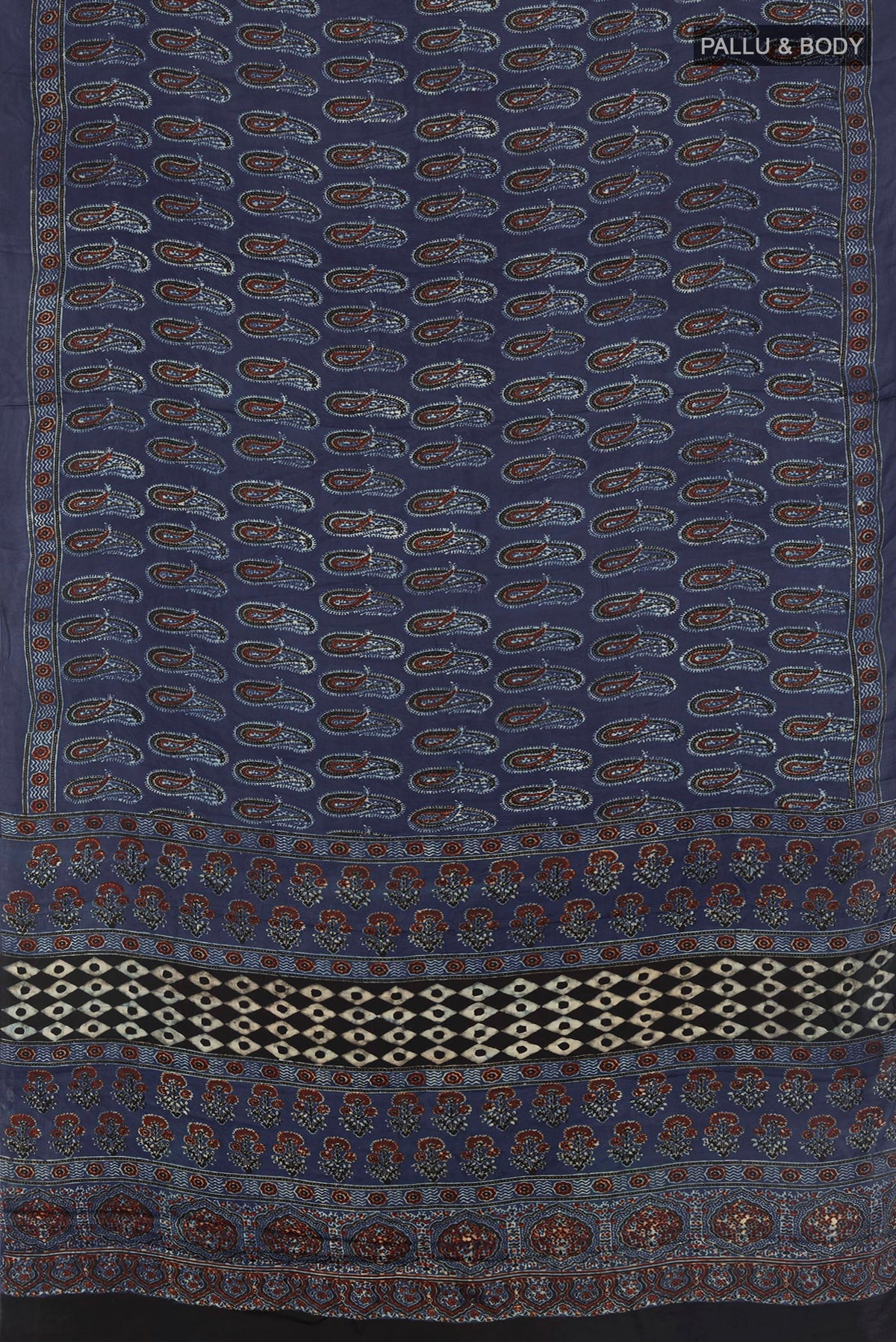 Flat view of Blue Blended Satin Silk Saree with Ajrakh Print on the body and Printed Border. 