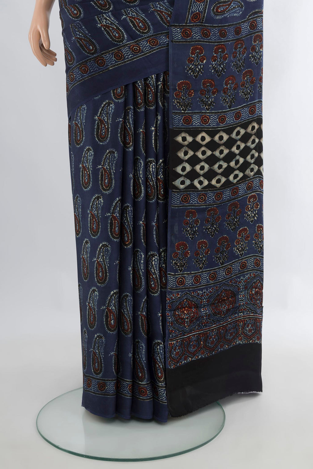 Pleats and pallu of Blue Blended Satin Silk Saree with Ajrakh Print on the body and Printed Border. 