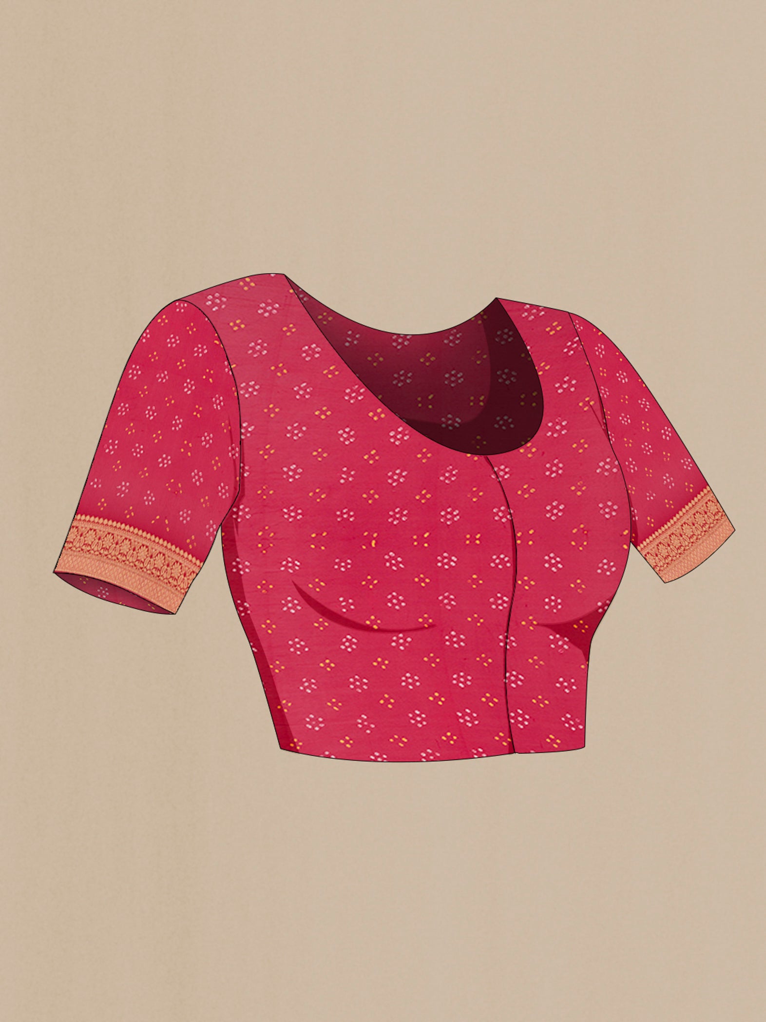 Close up image of the blouse of Red Banarasi Georgette Saree with Zari Butta on the body and Zari Border. 