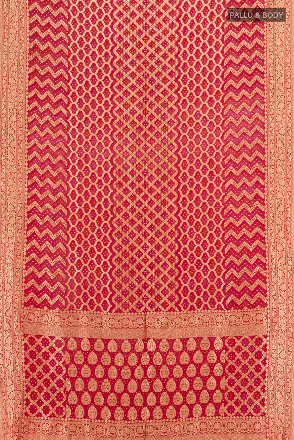 Flat view of Red Banarasi Georgette Saree with Zari Butta on the body and Zari Border. 