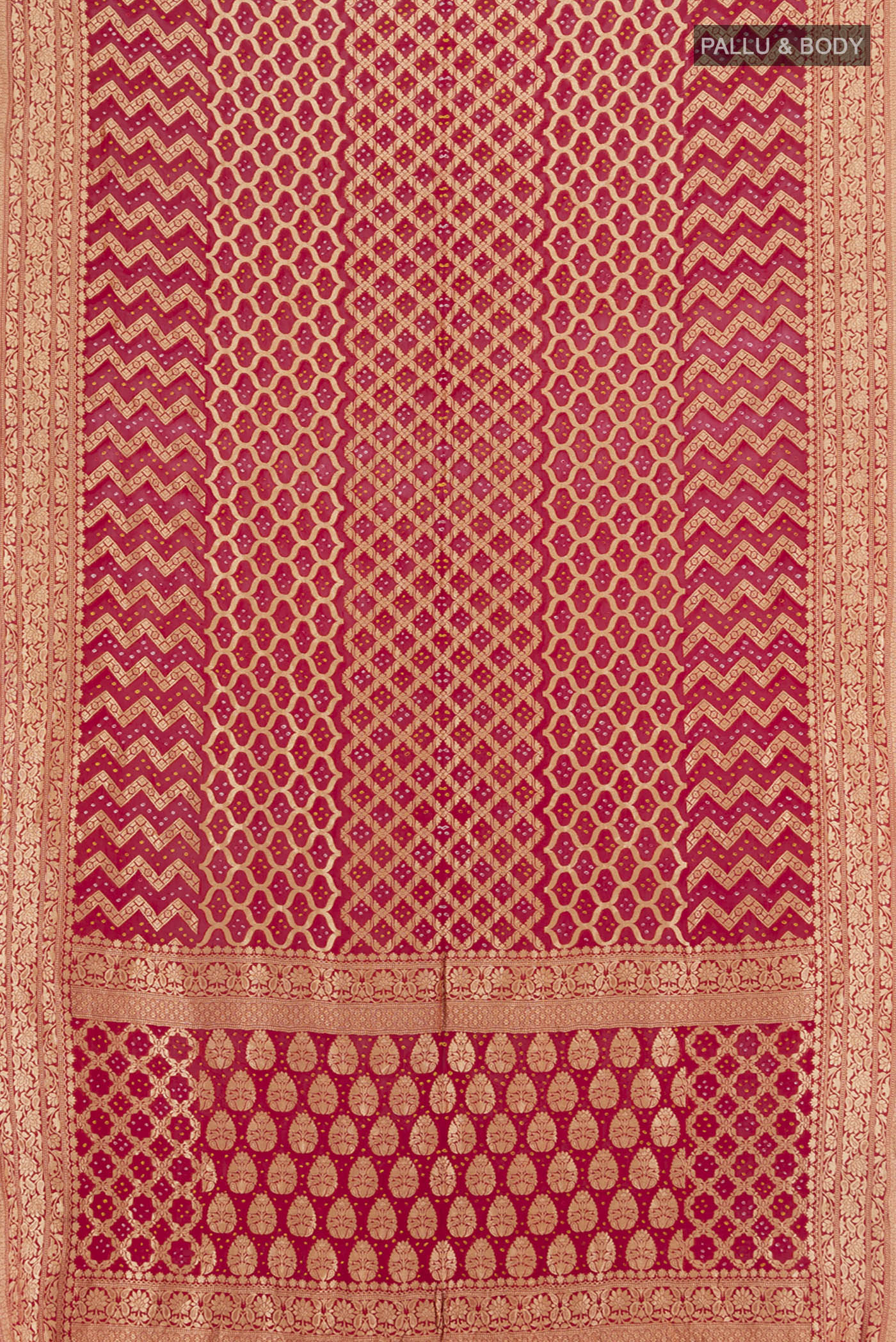 Flat view of Red Banarasi Georgette Saree with Zari Butta on the body and Zari Border. 