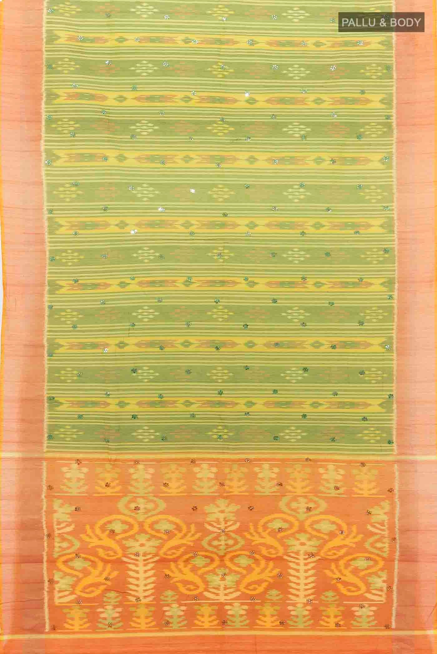 Flat view of Parrot Green Pochampally Cotton Saree with Ikat Print on the body and Plain Border