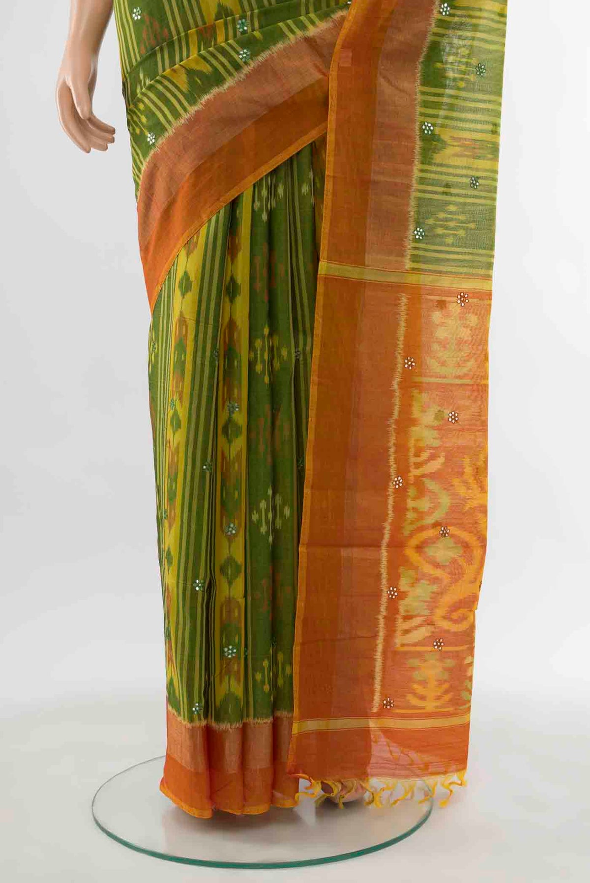 Pleats and pallu of Parrot Green Pochampally Cotton Saree with Ikat Print on the body and Plain Border