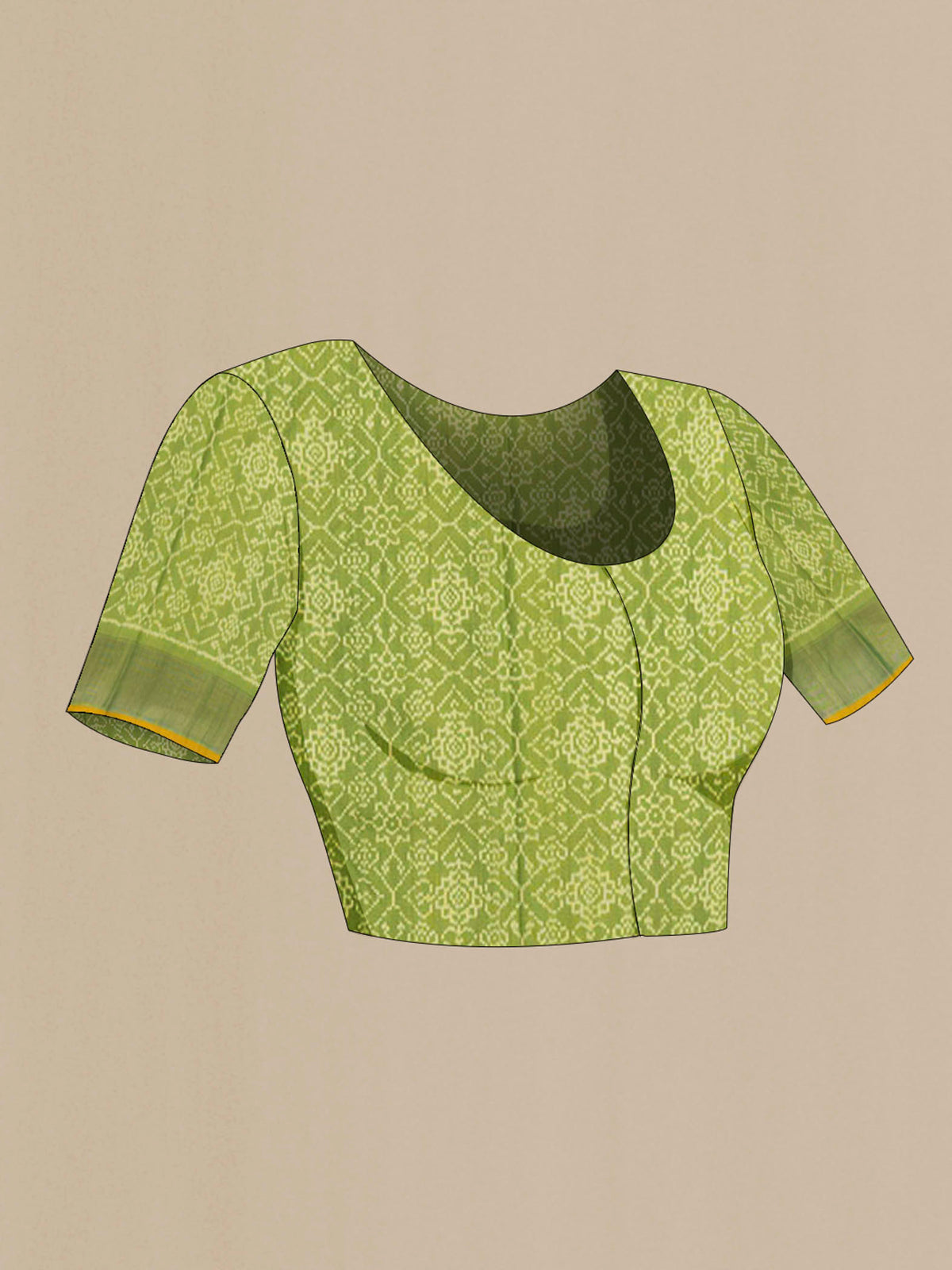 Close up image of the blouse of Green Pochampally Silk Saree with Ikat Print on the body and Zari Border