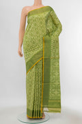 Green Pochampally Silk Saree with Ikat Print on the body and Zari Border displayed on a mannequin