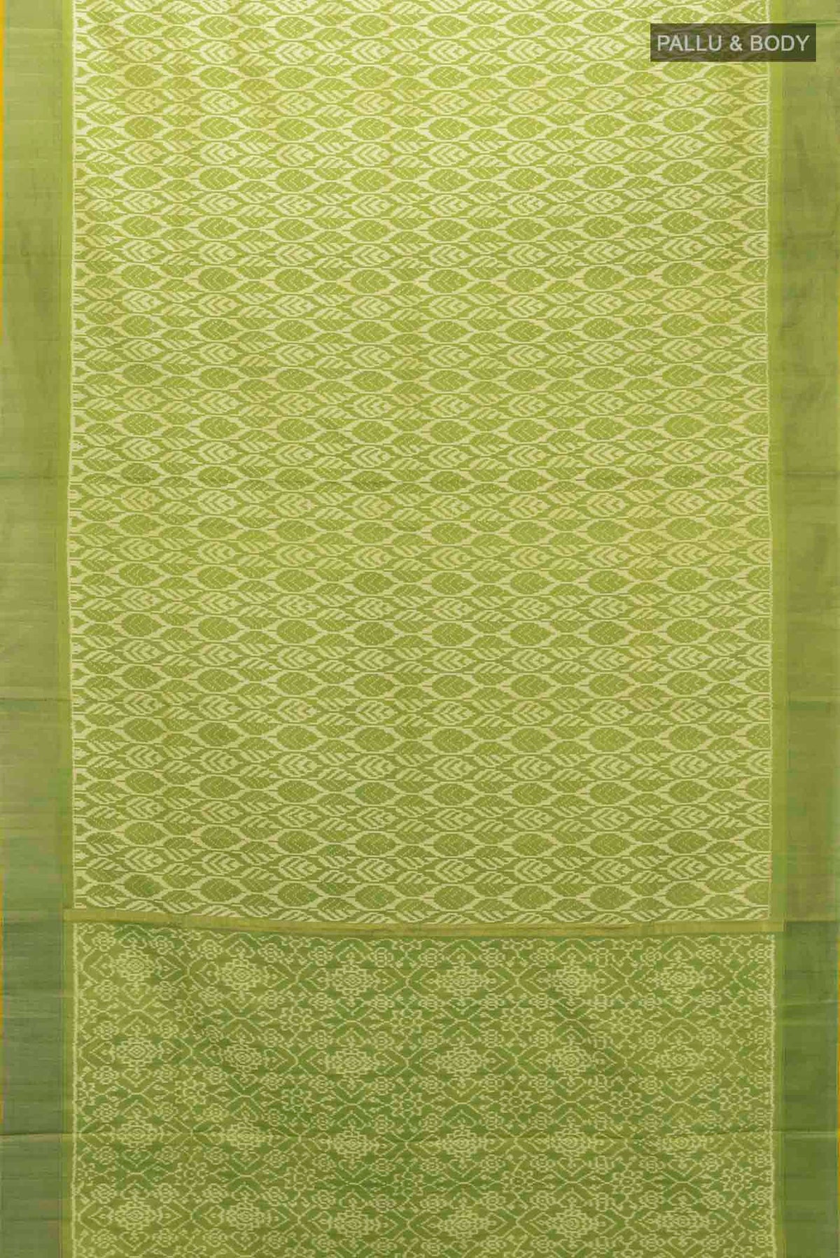 Flat view of Green Pochampally Silk Saree with Ikat Print on the body and Zari Border