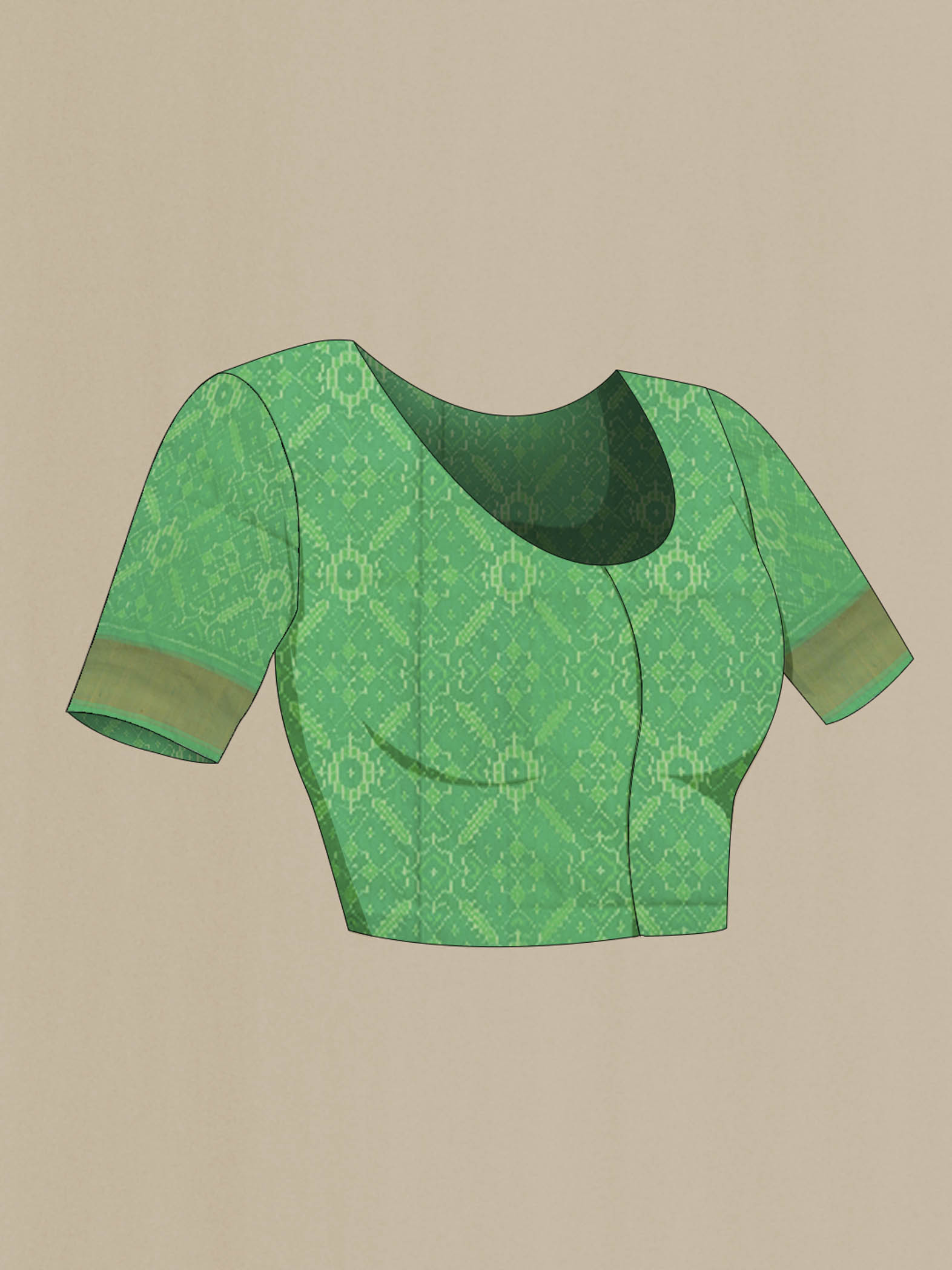 Close up image of the blouse of Green Pochampally Silk Saree with Ikat Print on the body and Zari Border