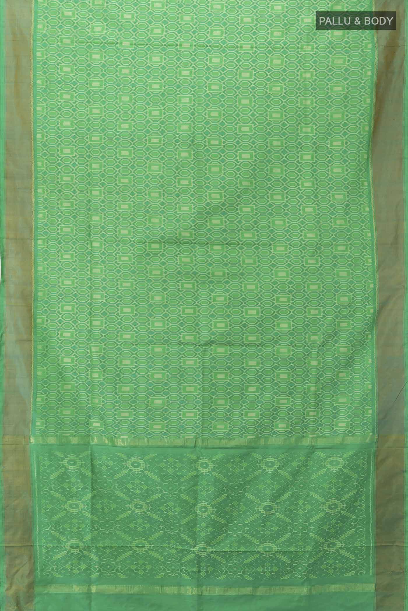 Flat view of Green Pochampally Silk Saree with Ikat Print on the body and Zari Border