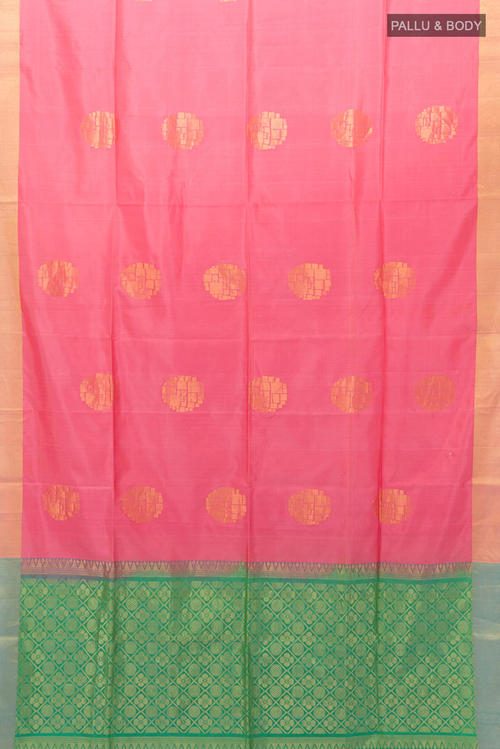 Flat view of Rose pink Blended Soft Silk Saree with Zari Butta on the body and Zari Border