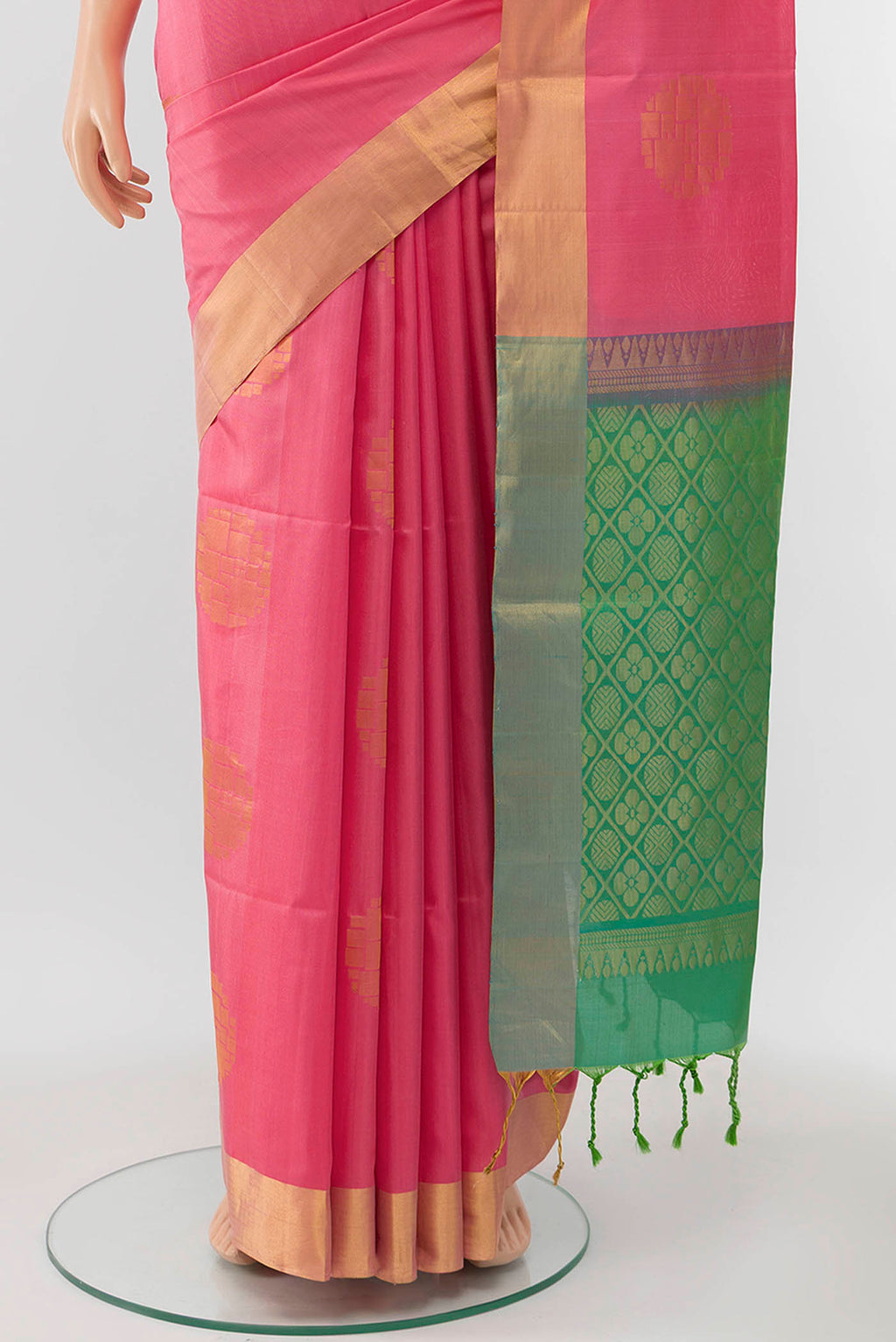 Pleats and pallu of Rose pink Blended Soft Silk Saree with Zari Butta on the body and Zari Border