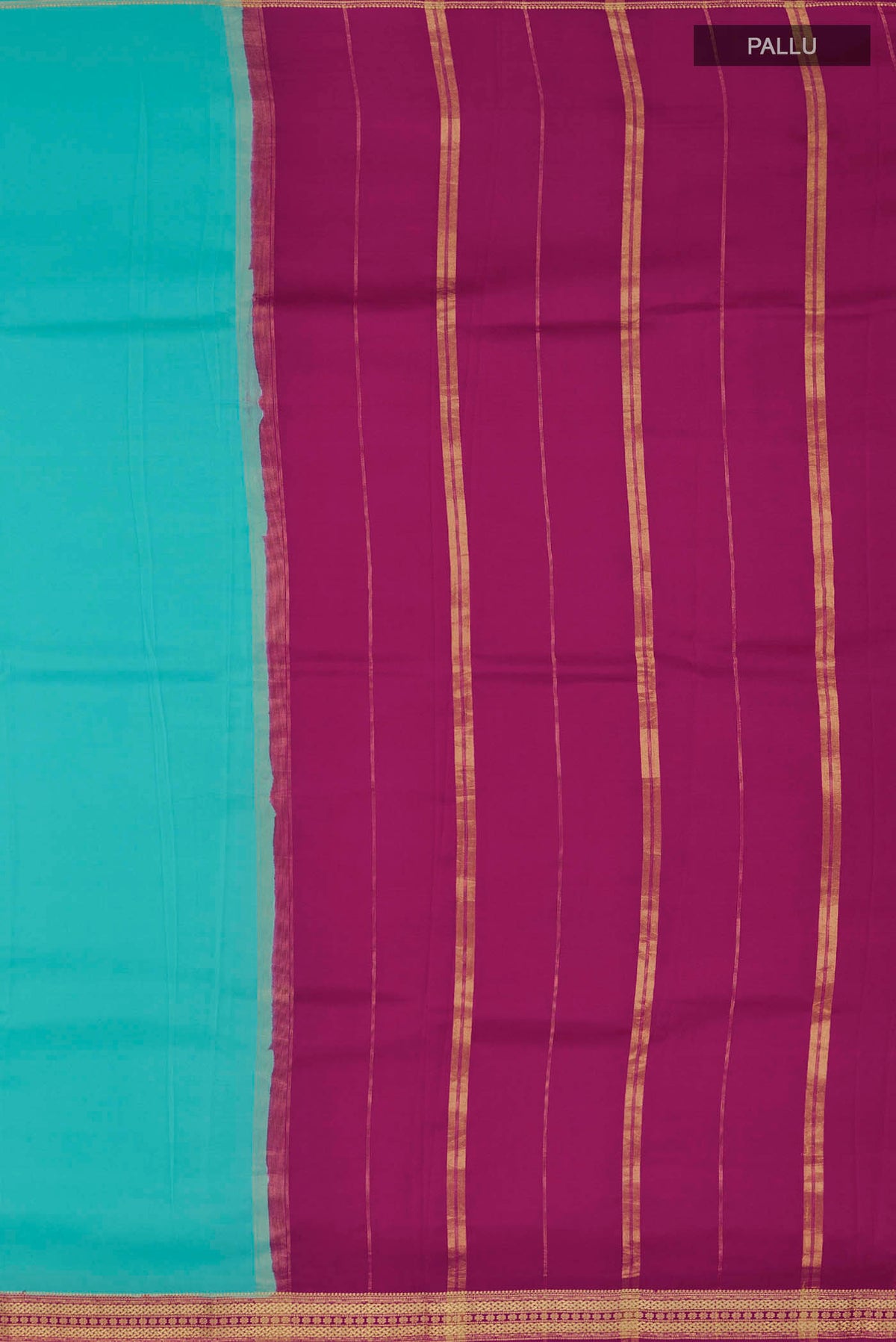 Close up image of the pallu of Blue Mysore Crepe Saree with Plain Body and Zari Border