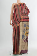 Multi Color Tussar Silk Saree with Floral Print on the body and Silk Border.  displayed on a mannequin