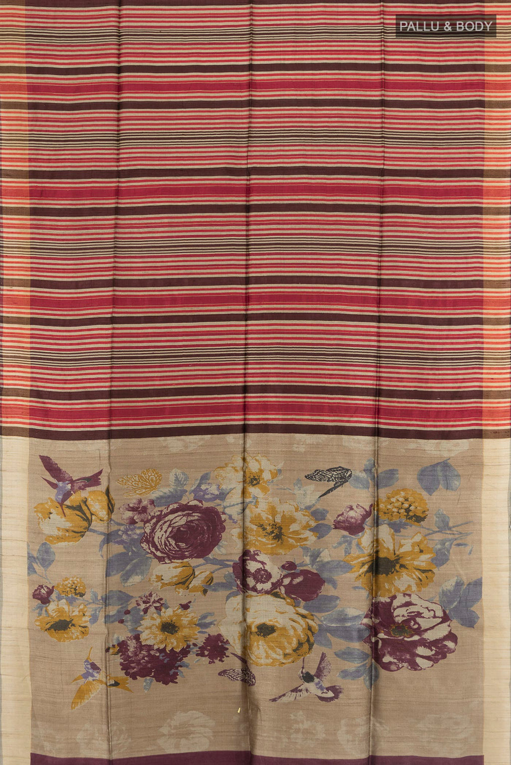 Flat view of Multi Color Tussar Silk Saree with Floral Print on the body and Silk Border. 