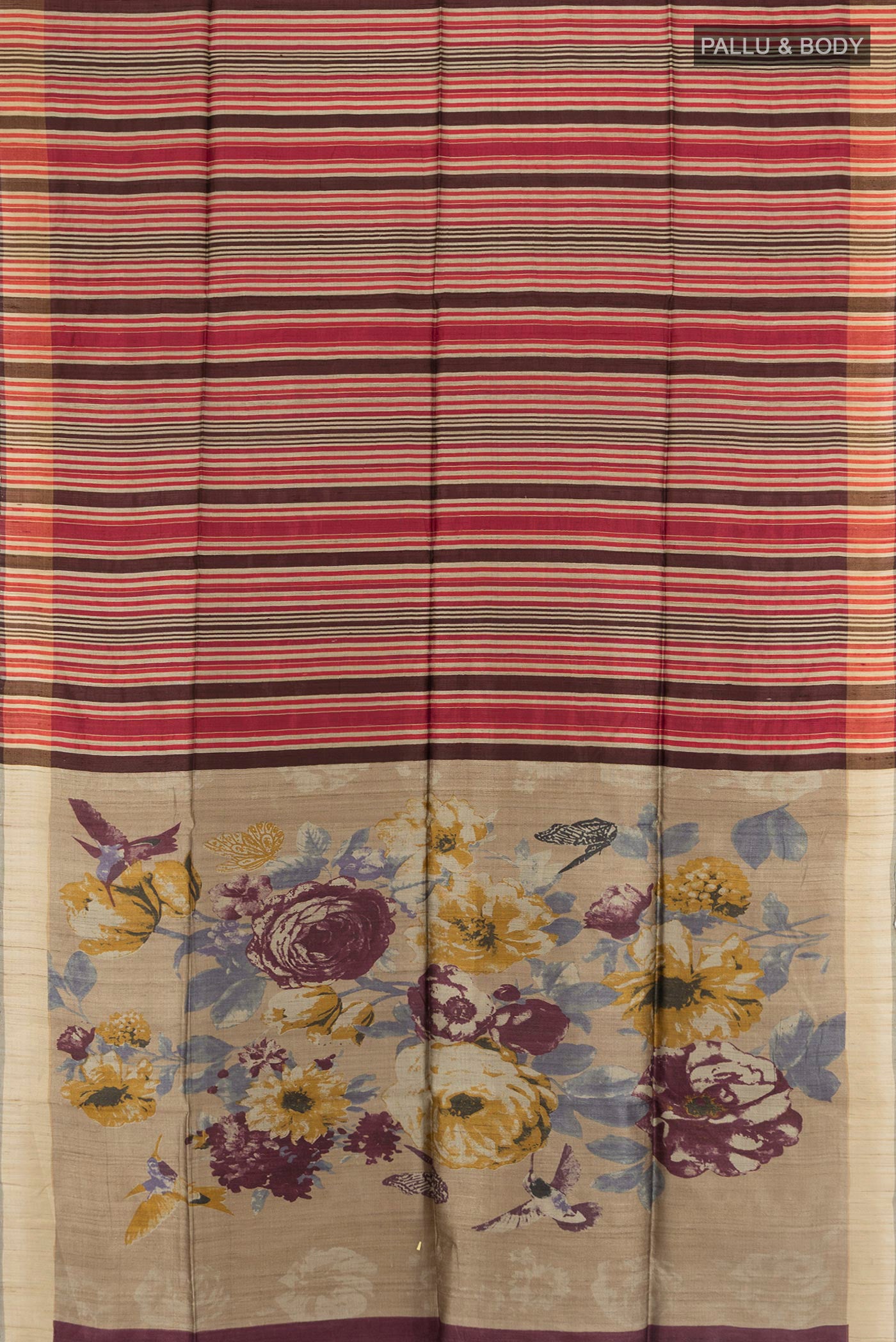 Flat view of Multi Color Tussar Silk Saree with Floral Print on the body and Silk Border. 