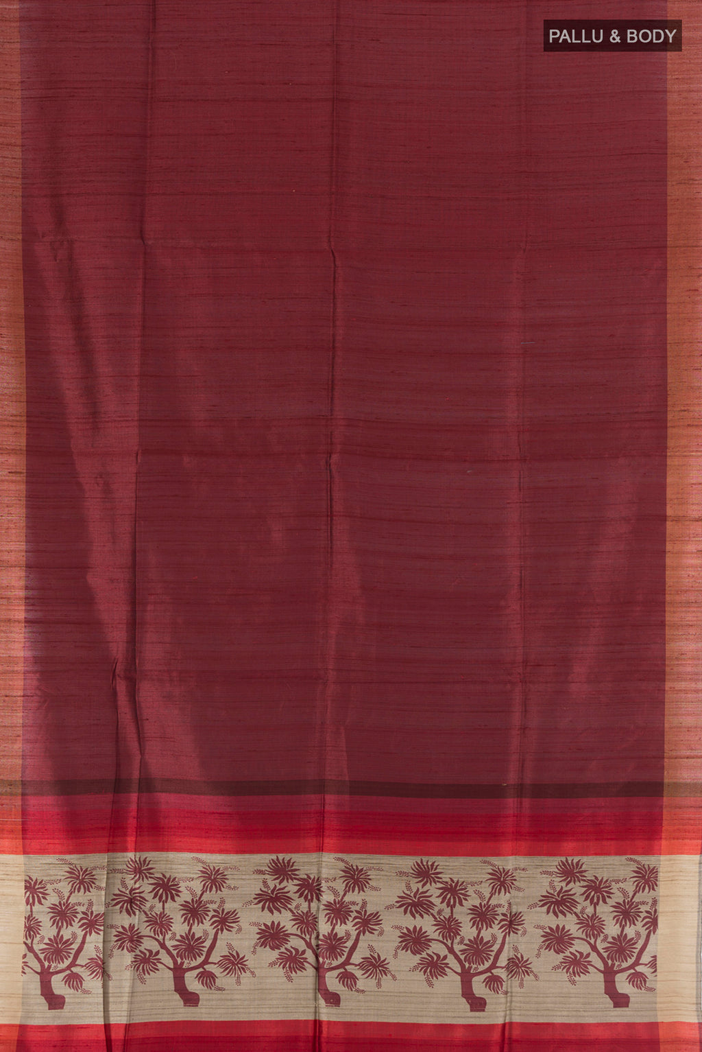 Flat view of Brown Tussar Silk Saree with Half And Half on the body and Zari Border. 
