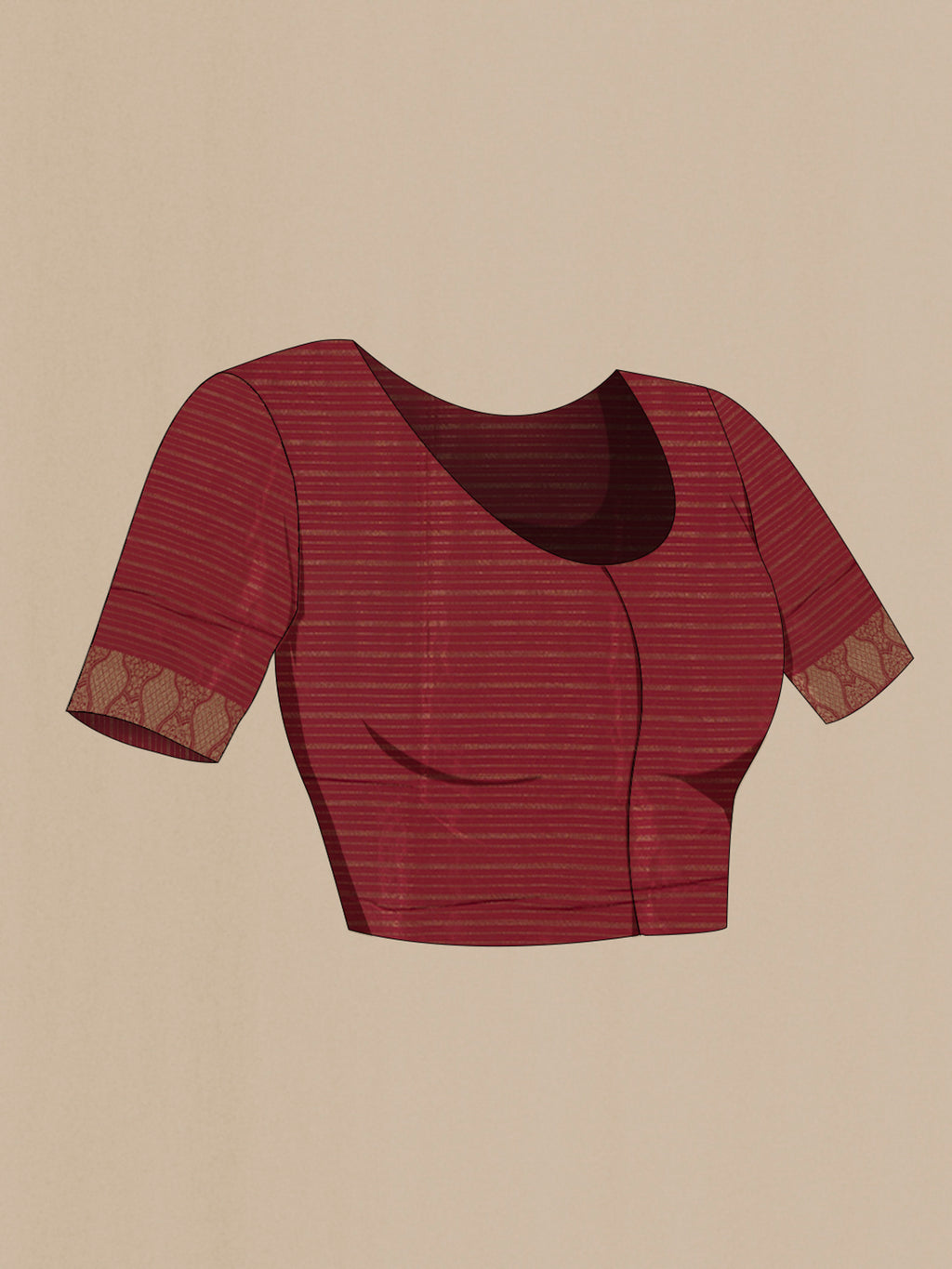 Close up image of the blouse of Maroon Banarasi Silk Saree with Zari Butta on the body and Zari Border. 