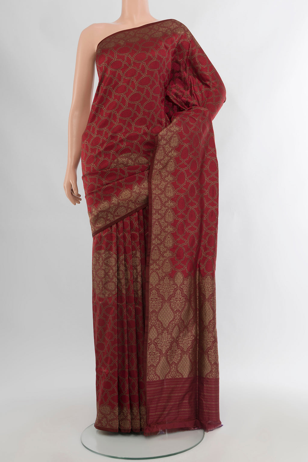 Maroon Banarasi Silk Saree with Zari Butta on the body and Zari Border.  displayed on a mannequin